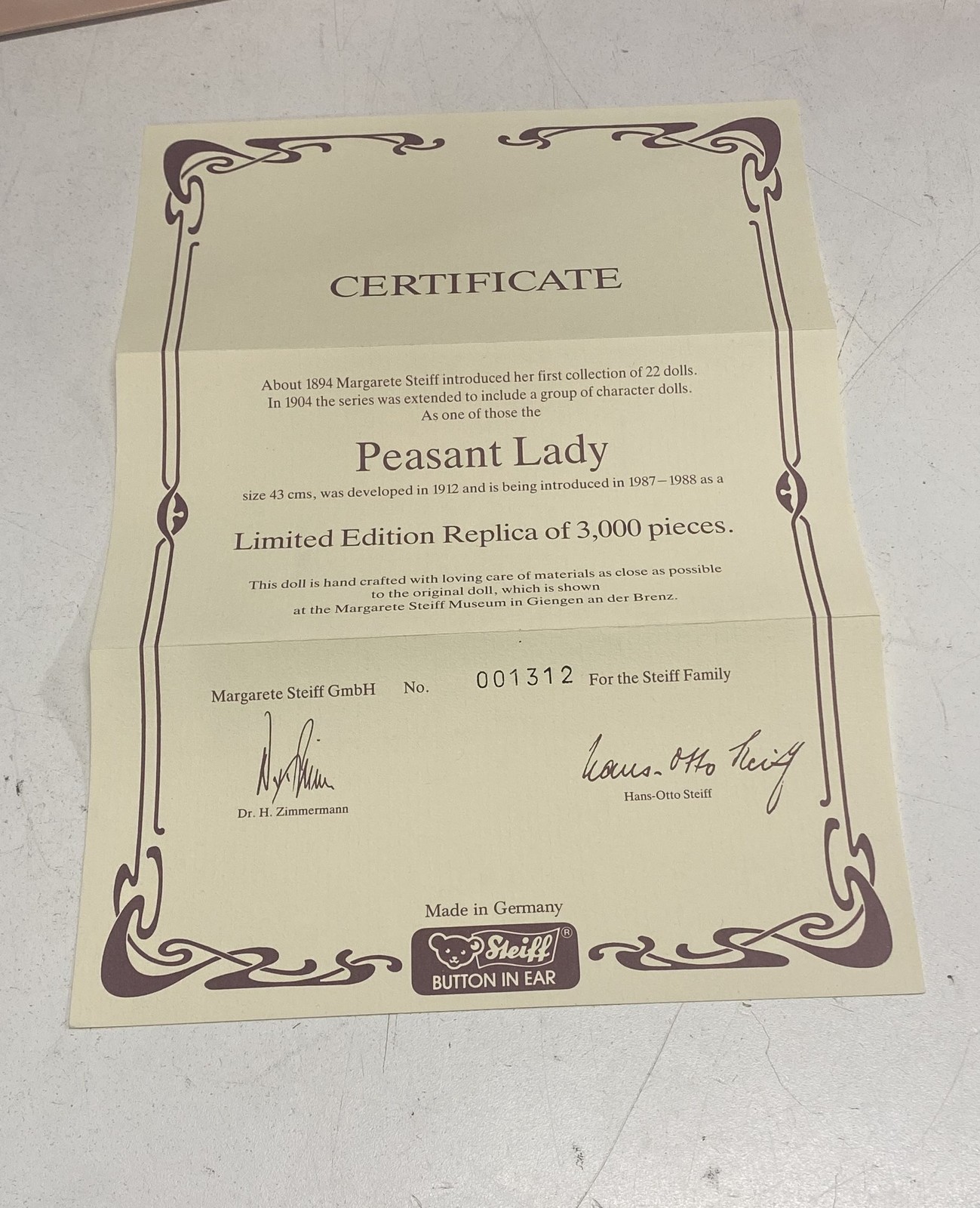 Steiff Peasant Felt Doll 7" Limited Ed Collectible