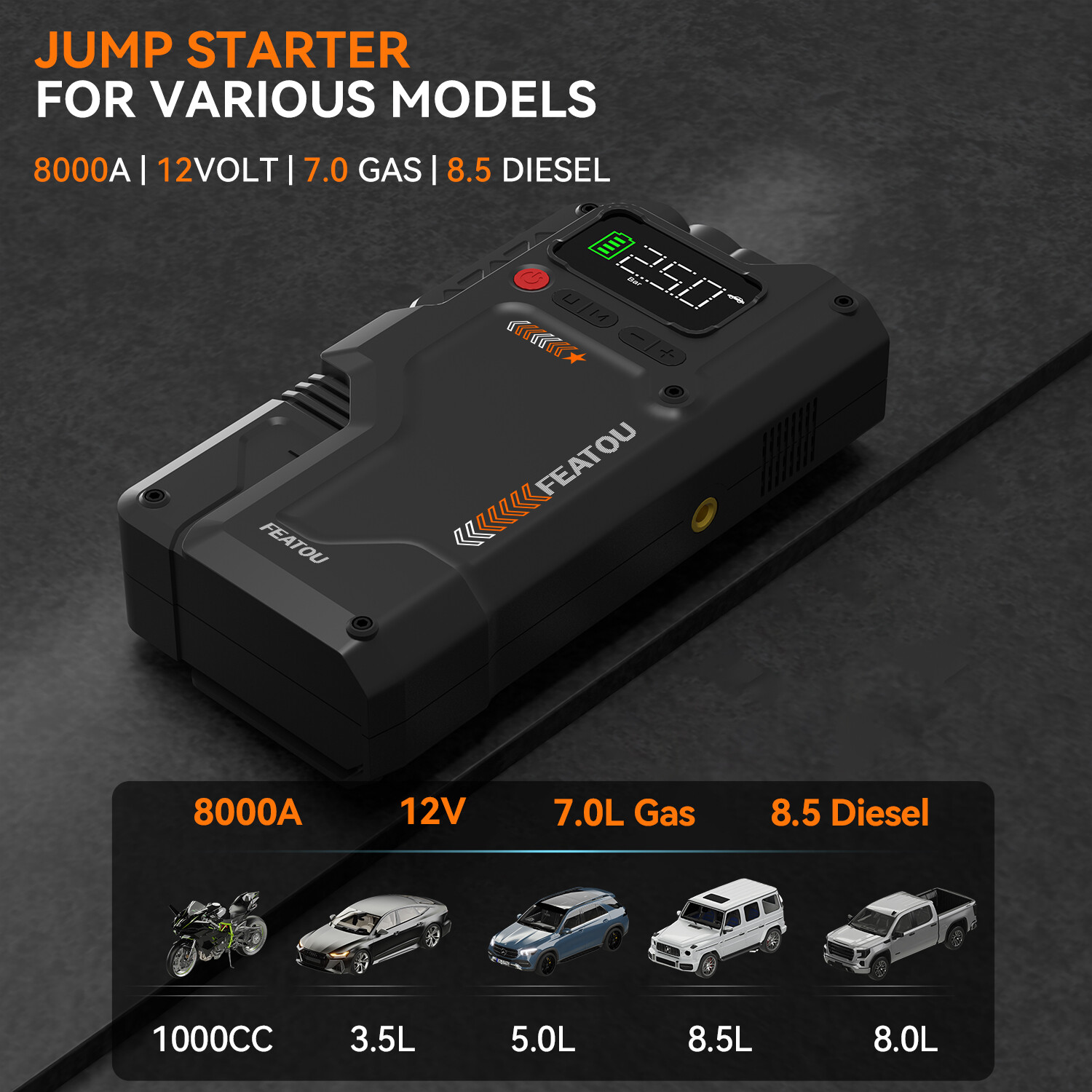 Featou 8000A Car Jump Starter With Air Compressor Pack Booster 12V Power Bank
