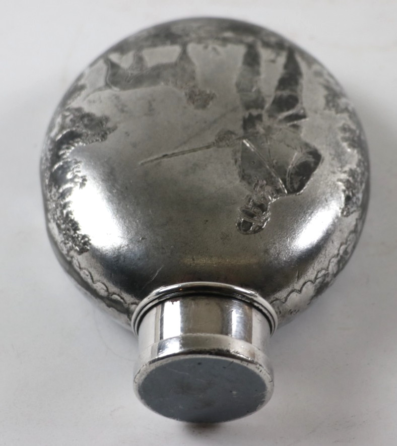 1888 Antique Silverplate Flask & Collapsible Cup/Lid w/ Monogram 5 1/2 x 4''