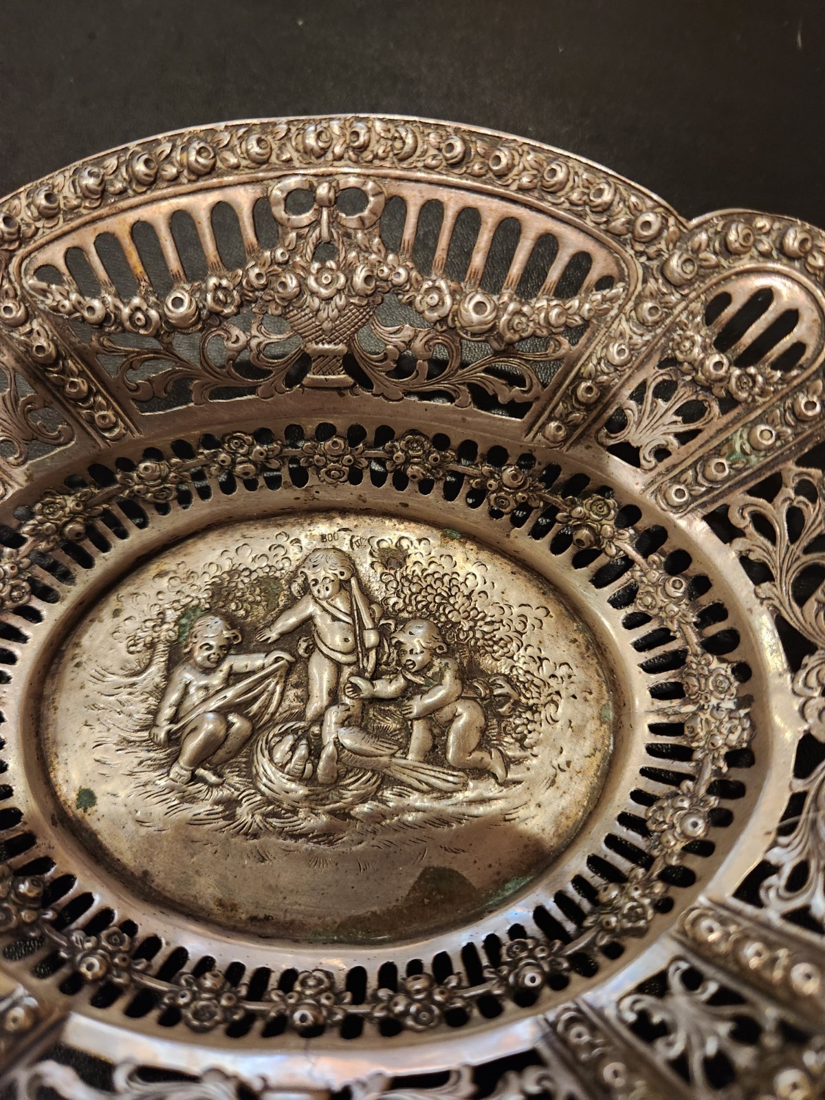 Germany 800 Silver Repousse Openwork Reticulated 7.5" Oval Bowl ~ Cherubs
