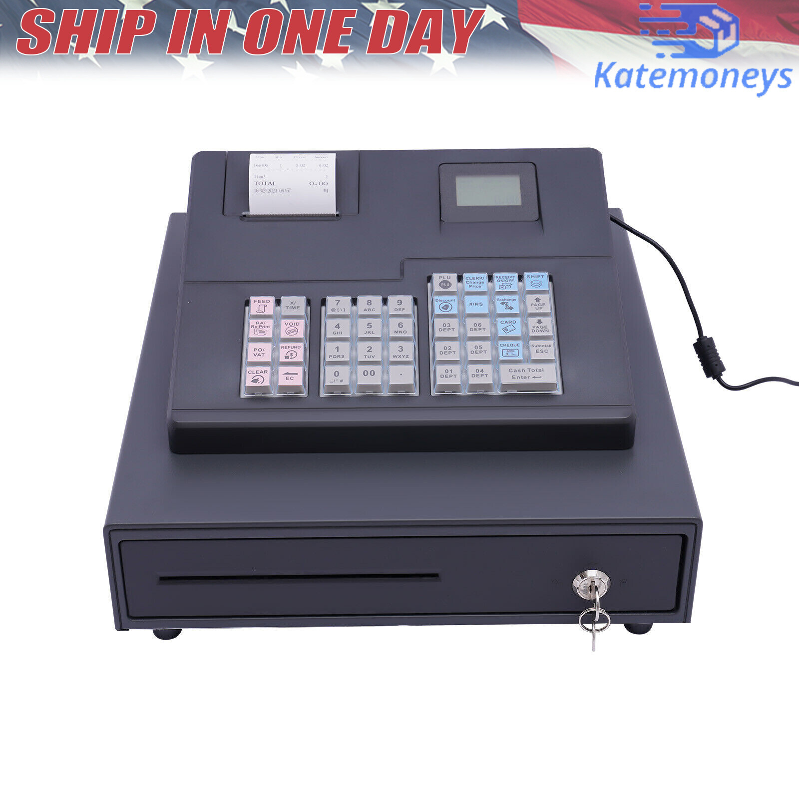 38 Keys Electronic Cash Register Black Thermal Cash Register with Cash Drawer