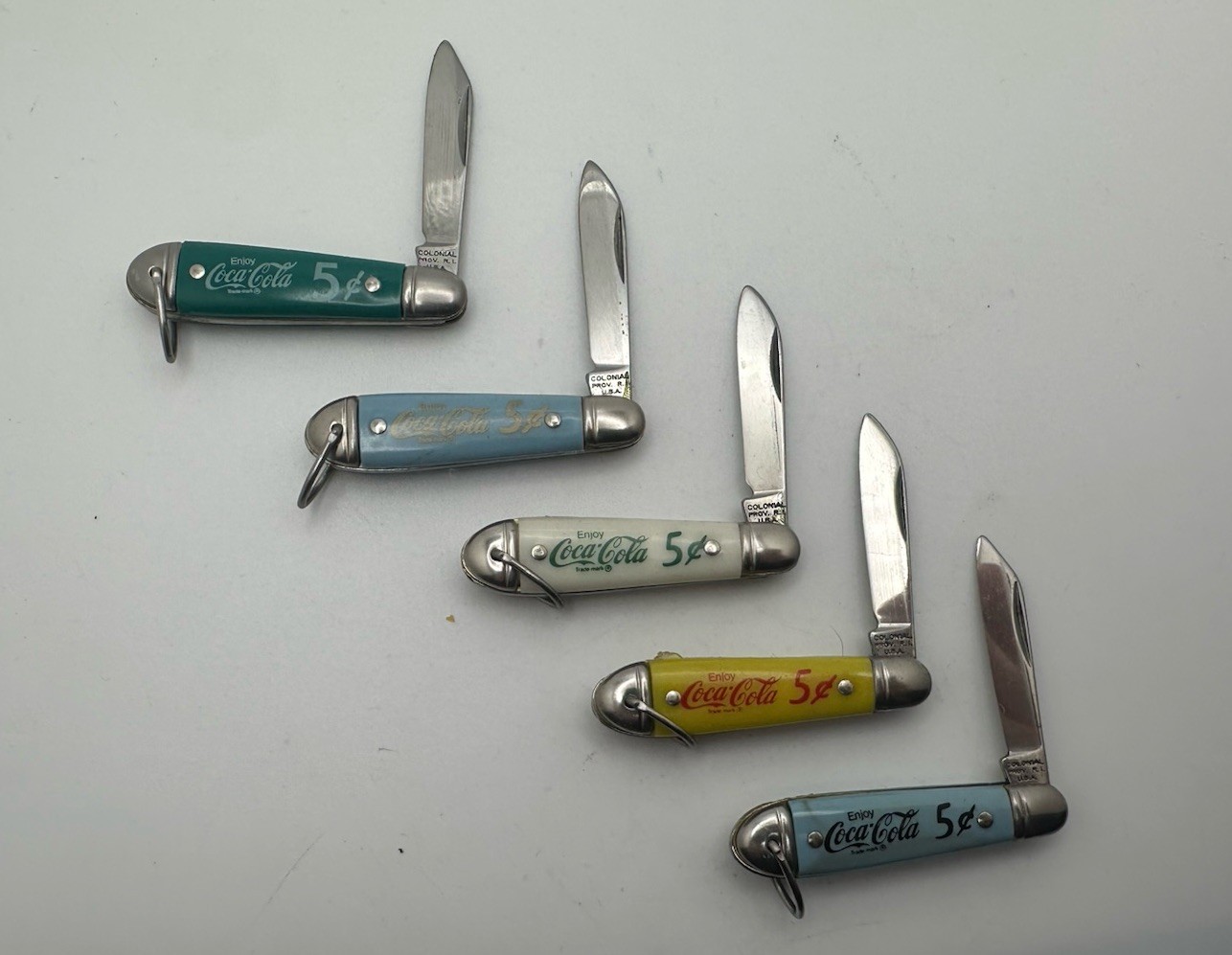 Vintage Colonial Prov, RI COCA COLA COKE 5 CENT Mini Pocket Knife 5 Variations