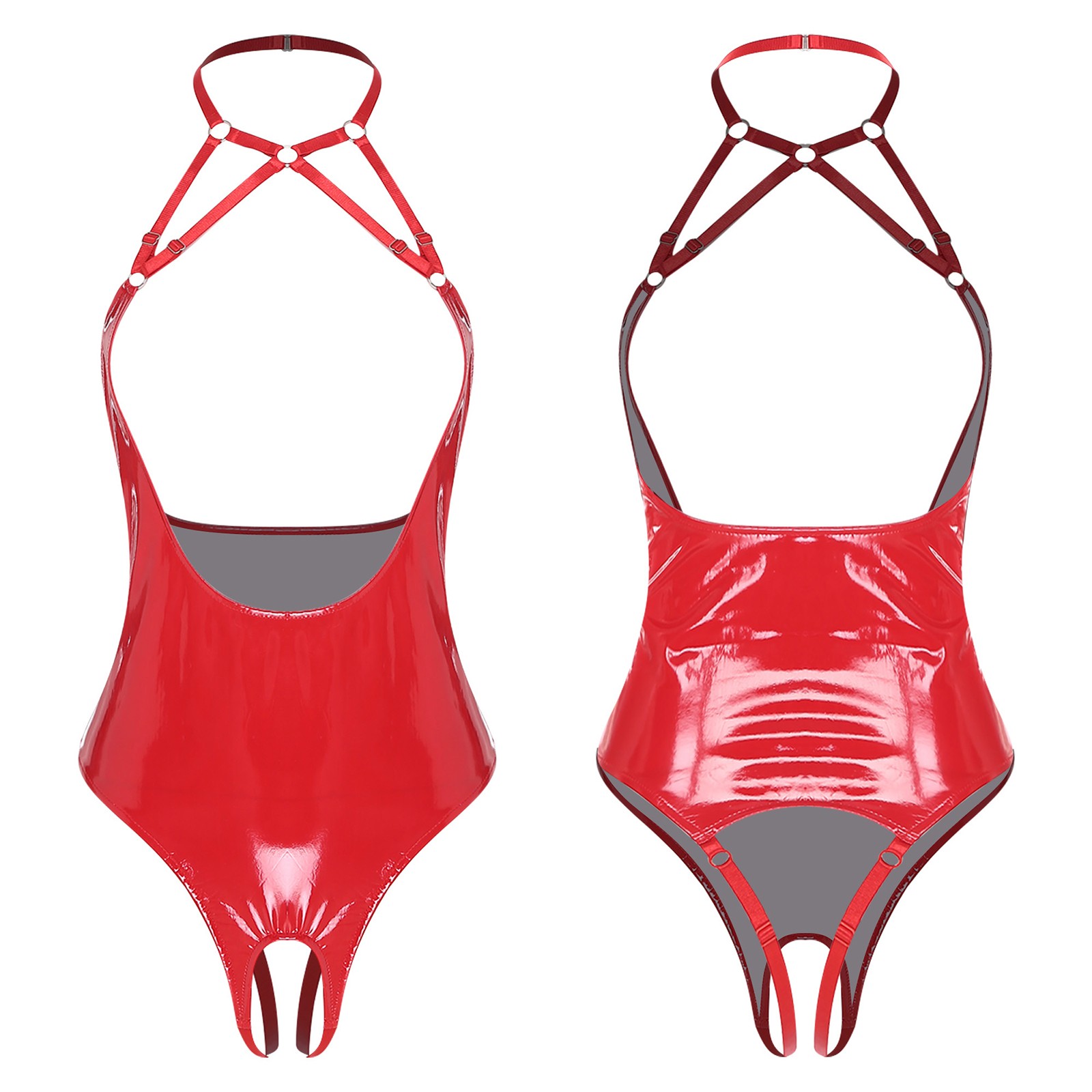 Womens Faux Leather Hollow Out Bodysuit Halter Neck Open Chest High Cut Leotard