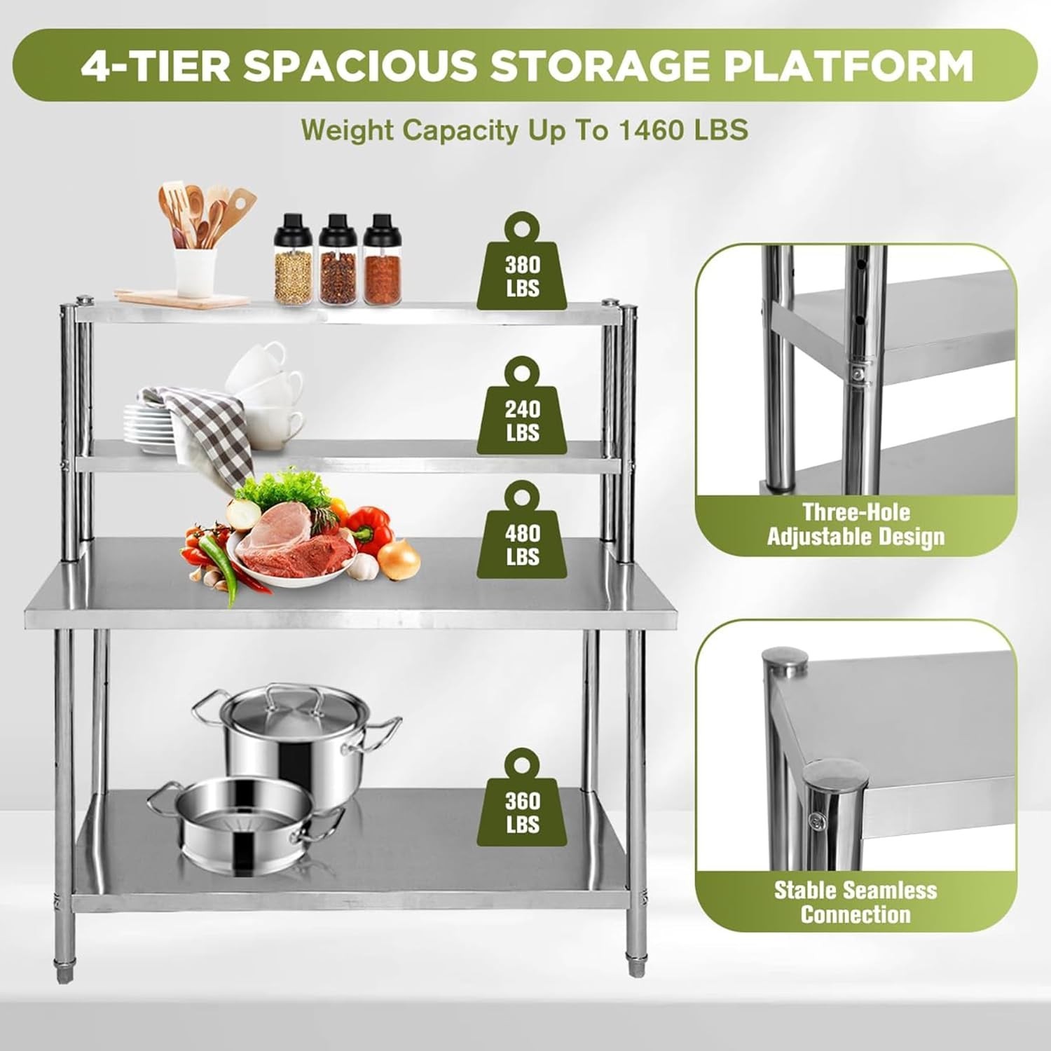 48" X 24" Stainless Steel Table with Overshelves Kitchen Prep Table Adjustable