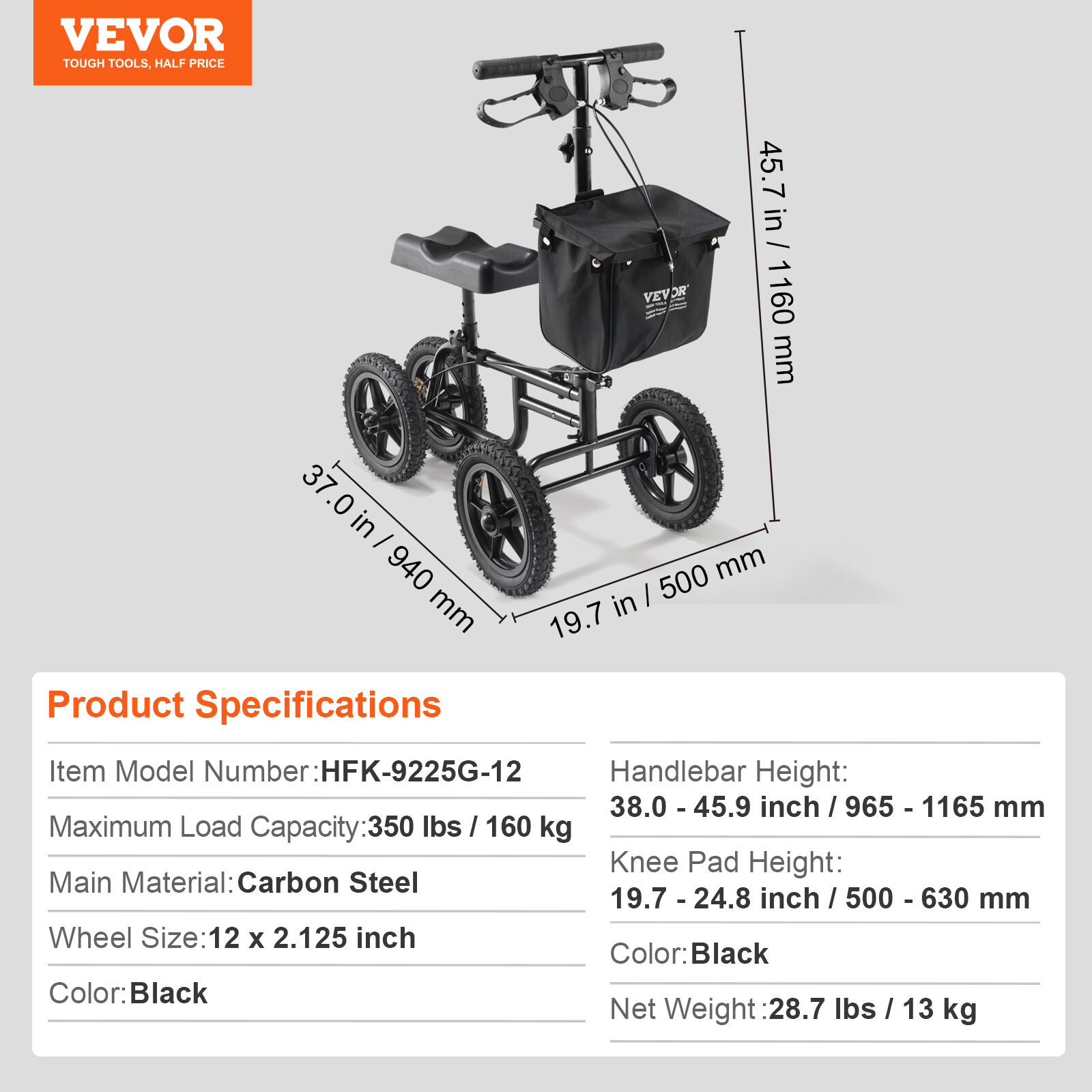 VEVOR Knee Scooter Carbon Steel Folding Knee Walker Recovery Scooter 350LB Loads