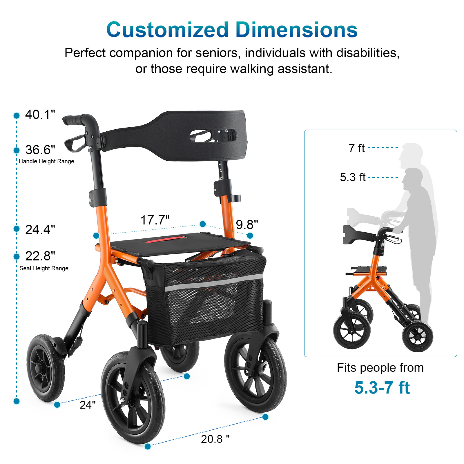 All-Terrain Rollator Walker with 12inch Rubber Wheels, Seat & Backrest, Foldable