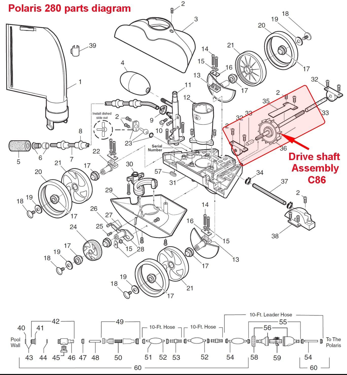 Drive Shaft Assembly C86 with Turbine Bearing C80 For Polaris 280 Pool Cleaner