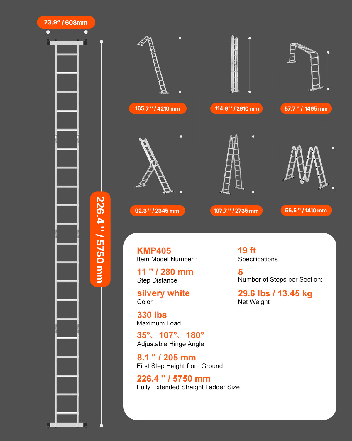 Multi-Purpose Folding Ladder 7-in-1 5 Step 19ft Reach Height Metal