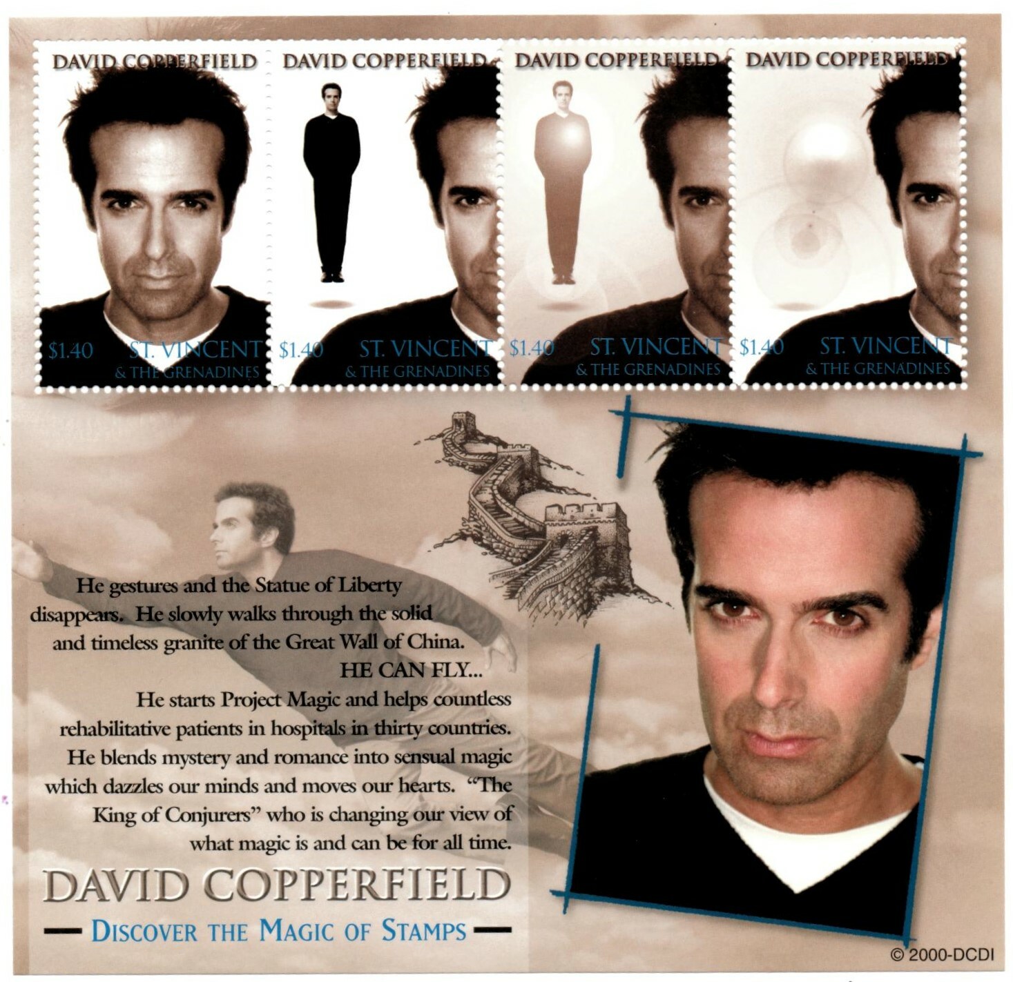 St. Vincent 2000 - SC# 2817 David Copperfield, Magic - Sheet of 4 Stamps - MNH