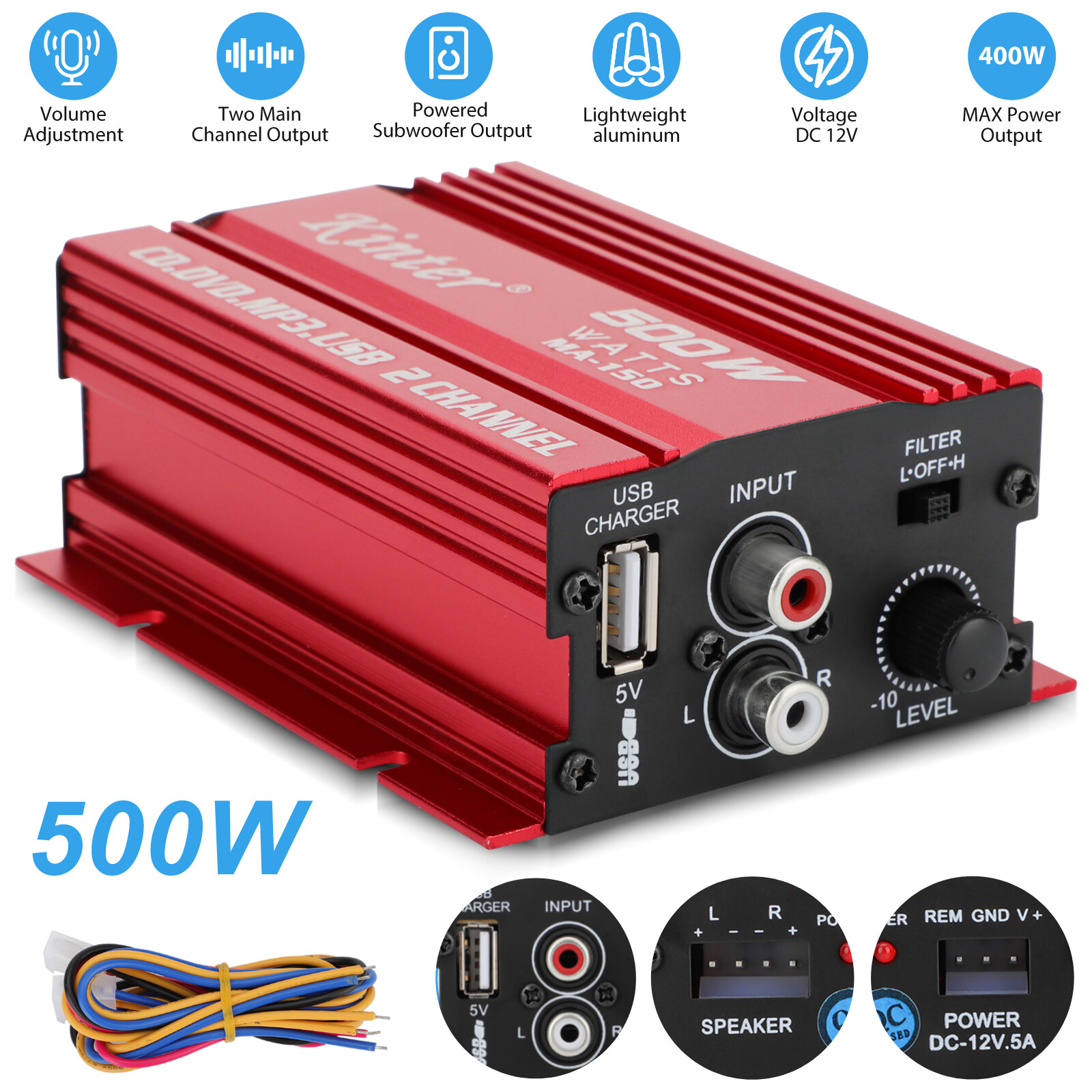 500W 12V 2 Channel Car Stereo Audio Power Amplifier HiFi Bass Amp Subwoofer Home