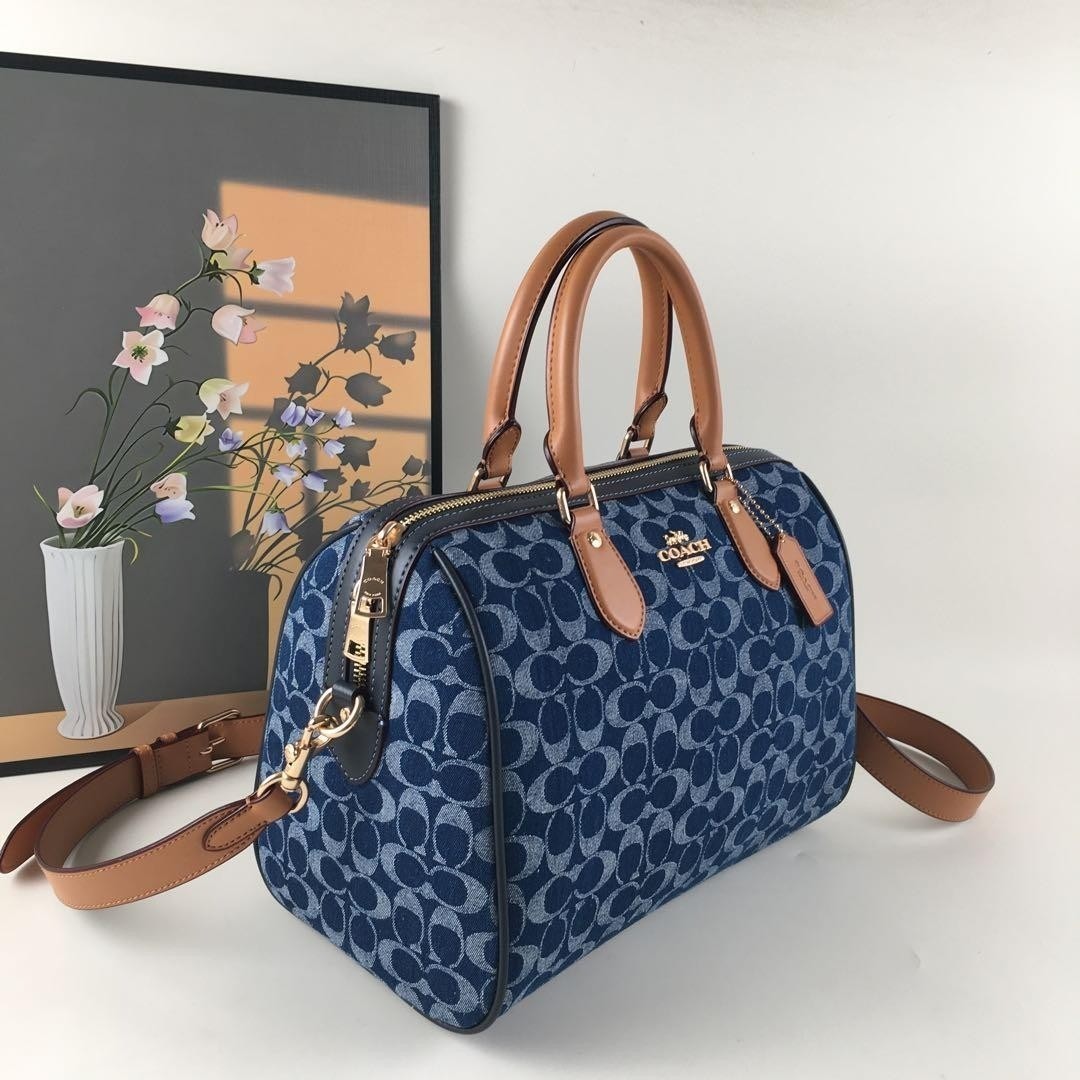 COACH CY699 Rowan Large Satchel Bag Signature Canvas Blue Brown Outlet New