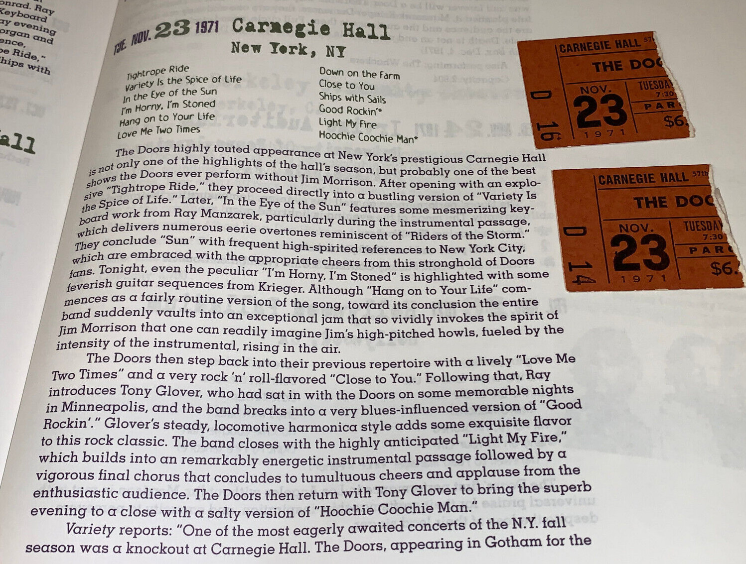 THE DOORS 1971 CONCERT TICKET STUBS CARNEGIE HALL Ray Manzarek Robby Krieger USA