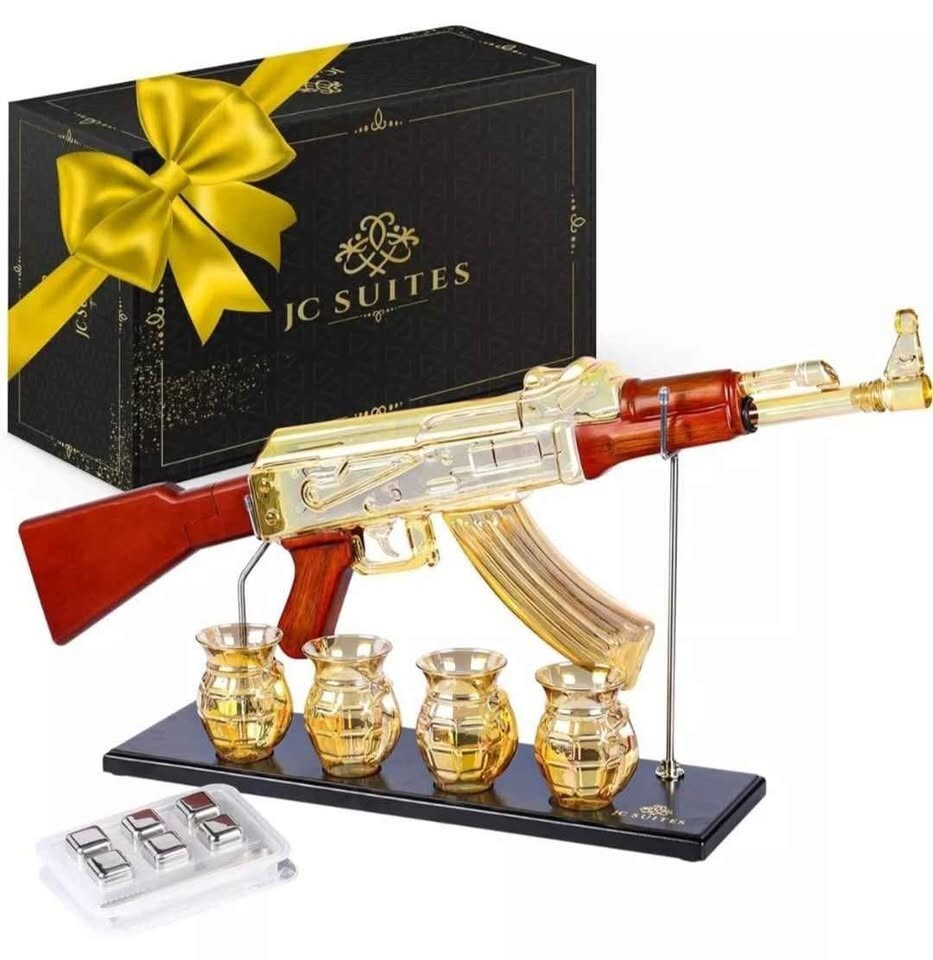 Luxury Gold AK47 Glass Gun Decanter with Grenade Glasses & Reusable Ice Cubes