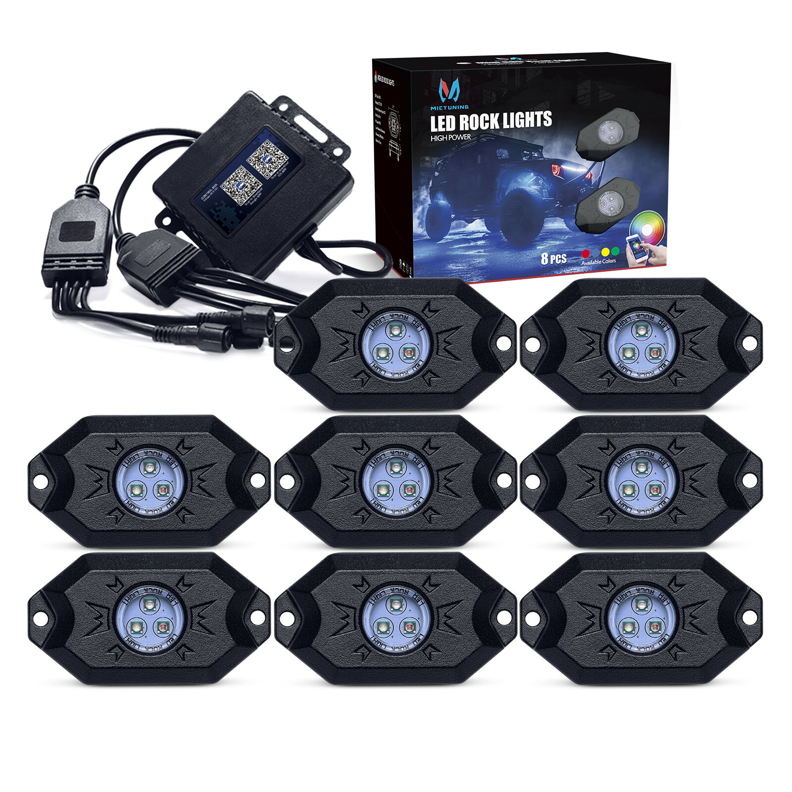 MICTUNING 2nd-Gen RGB LED Rock Lights Bluetooth 8 Pods Underbody Neon Lights Kit