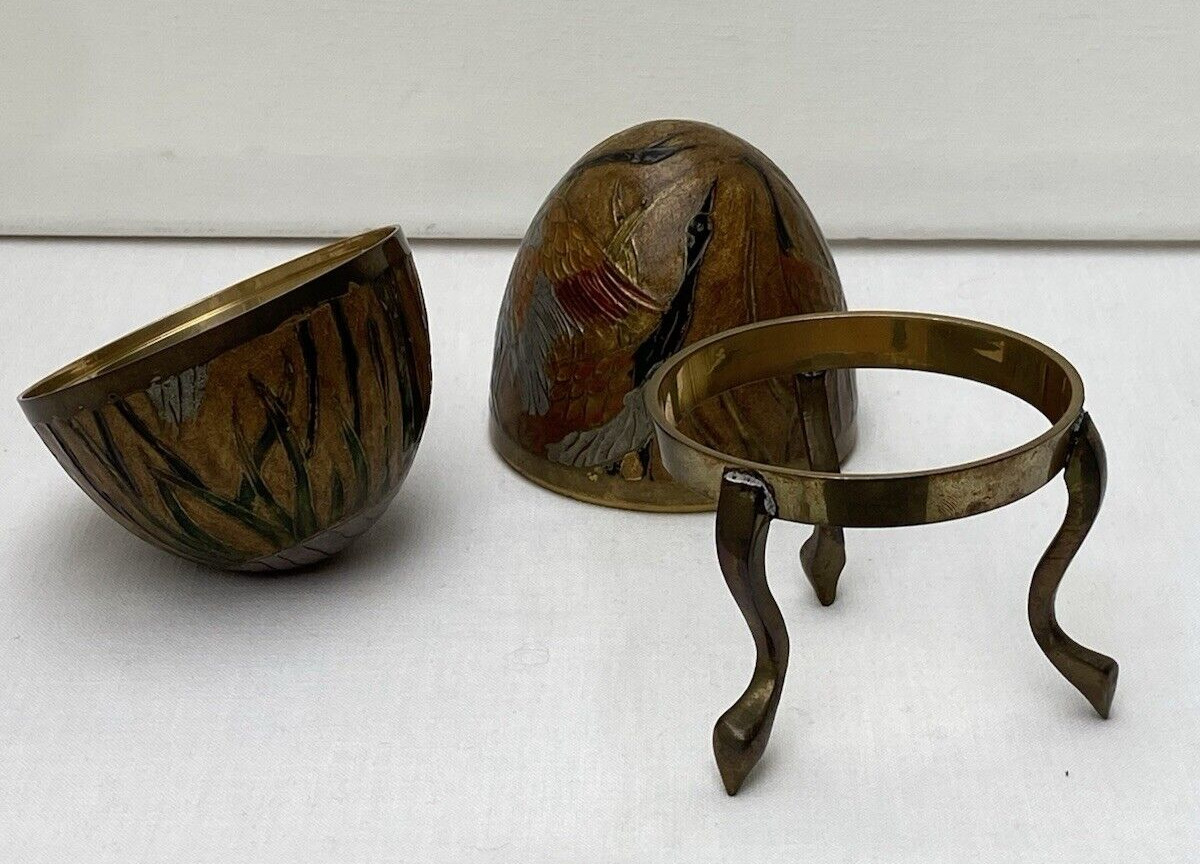 Solid Brass Egg & Stand Cloisonne Painted Trinket Box Ornate Enamel India Birds