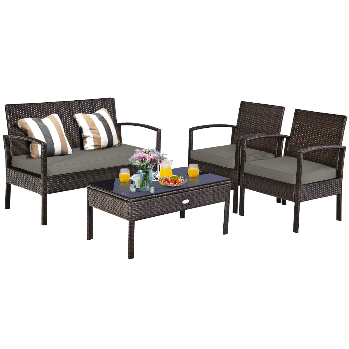Costway 4PCS Outdoor Patio Rattan Furniture Set Cushioned Sofa Coffee Table Deck