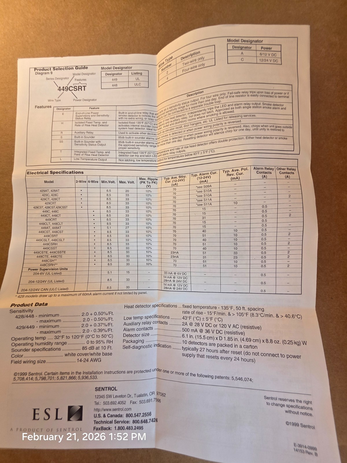 Sentrol ESL 429C Photoelectric Self Diagnostic Smoke Hardwired Detector New In B