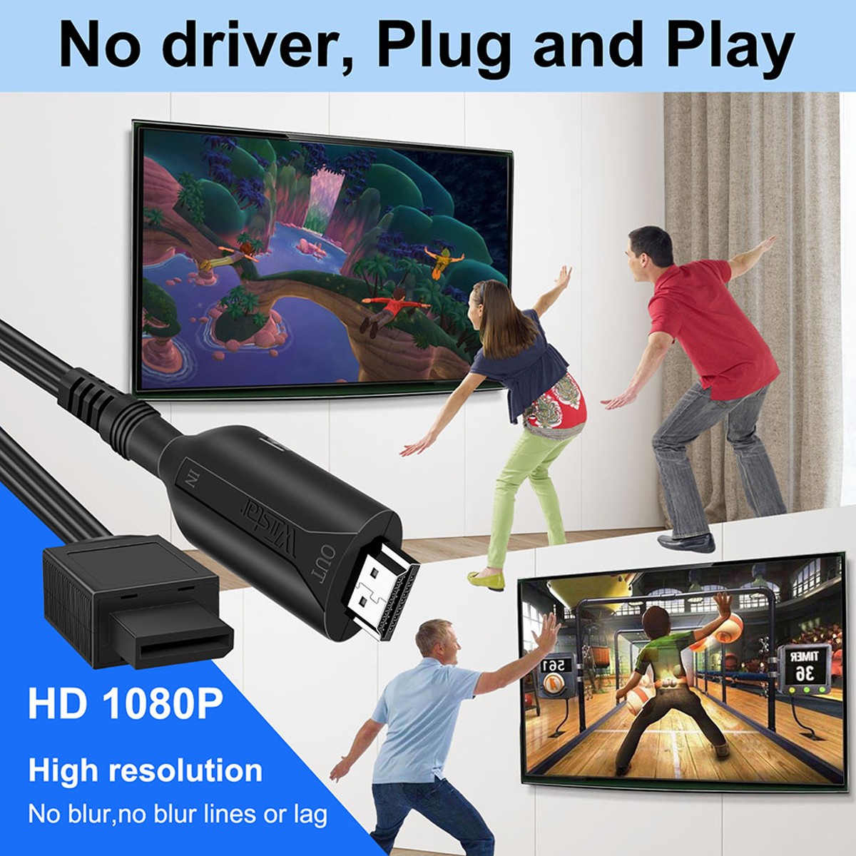 Wii to HDMI Adapter Converter Cable Full HD 1080P Plug &Play for Television PC