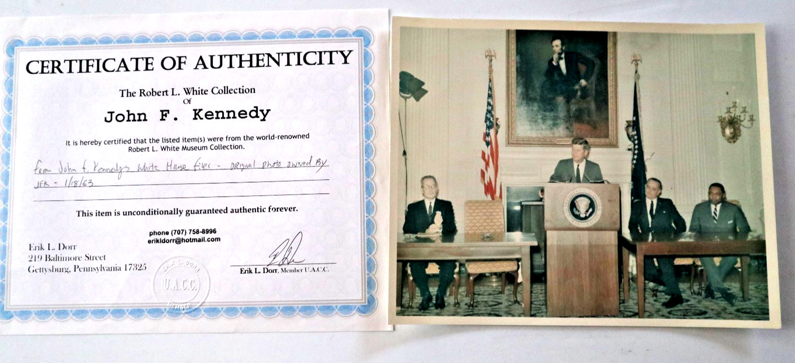 JOHN F KENNEDY PERSONALLY OWNED PHOTO DATED 1/18/1963 WITH SIGNED COA