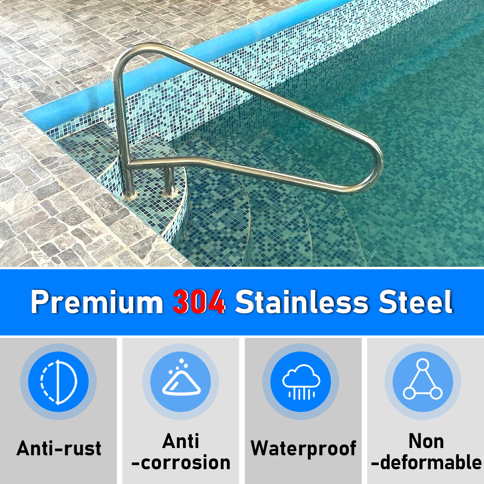 Pool Handrail Cross Braced Deck Mounted Step Stair Rail Stainless steel 50"x 36"