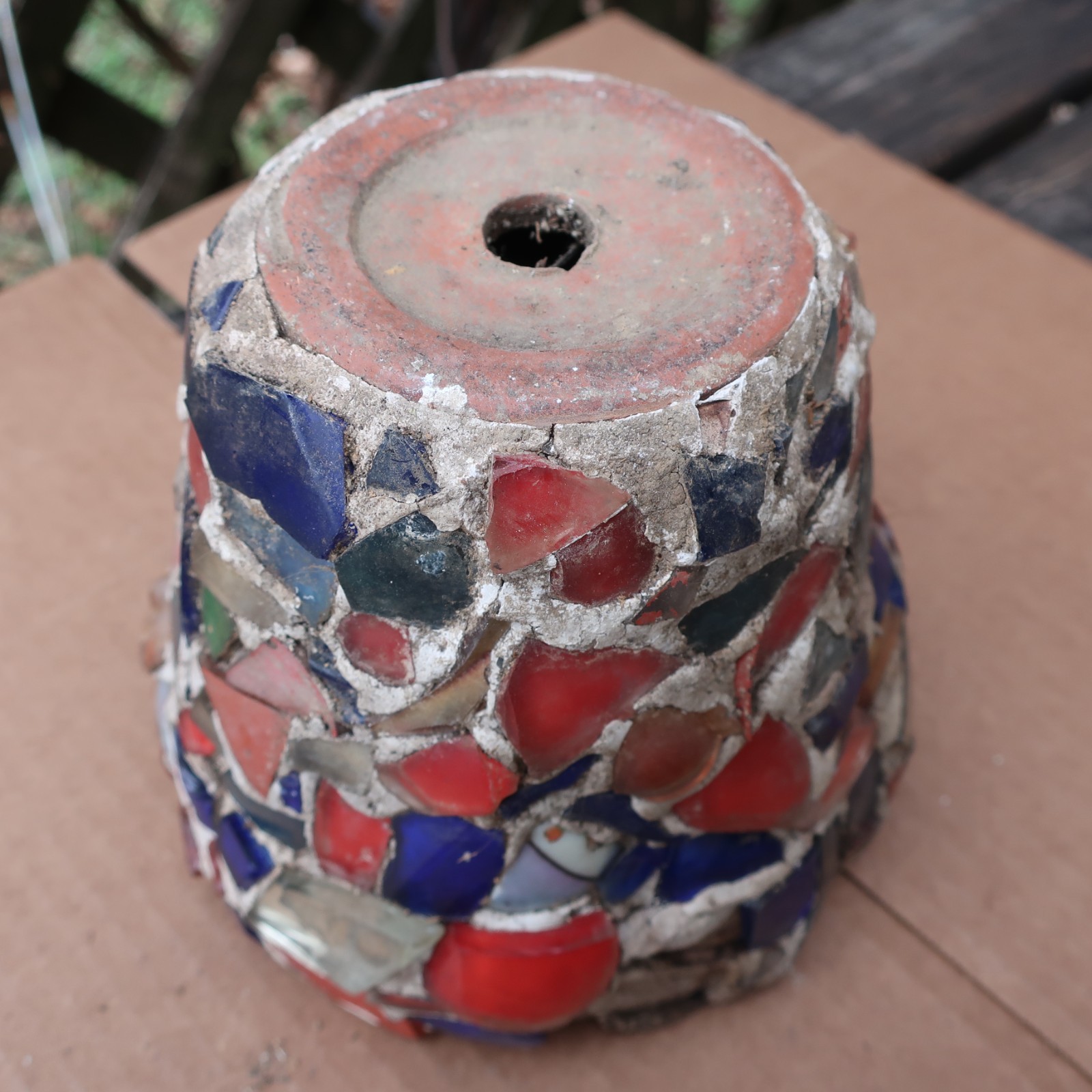 Old Antique Memory Jug Mosaic Glass Pieces over Flower Pot Crock Folk Art