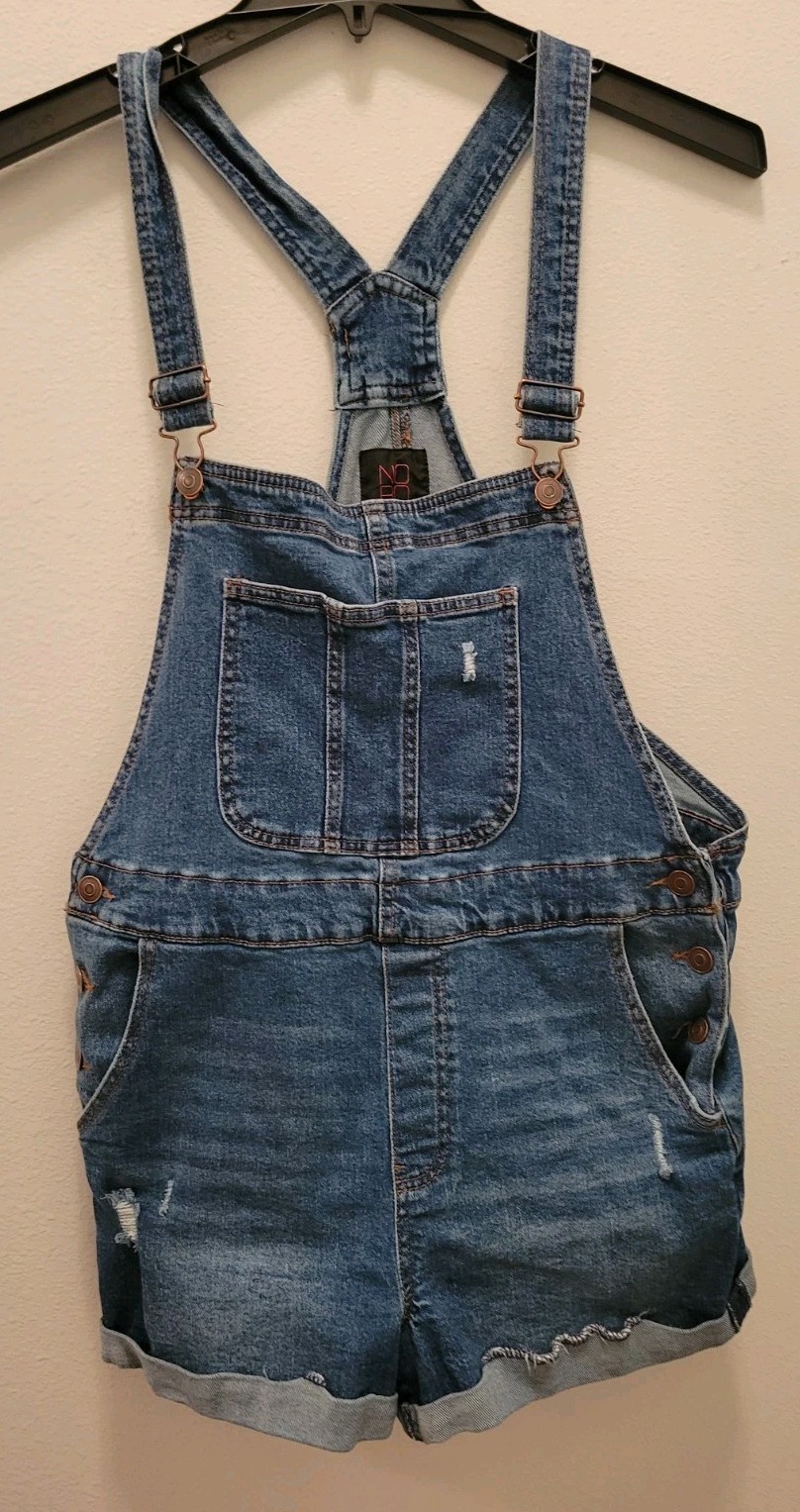 No Boundaries Juniors Sz 15/17 Bib Overall Shorts Blue Denim Pockets Raw Hem