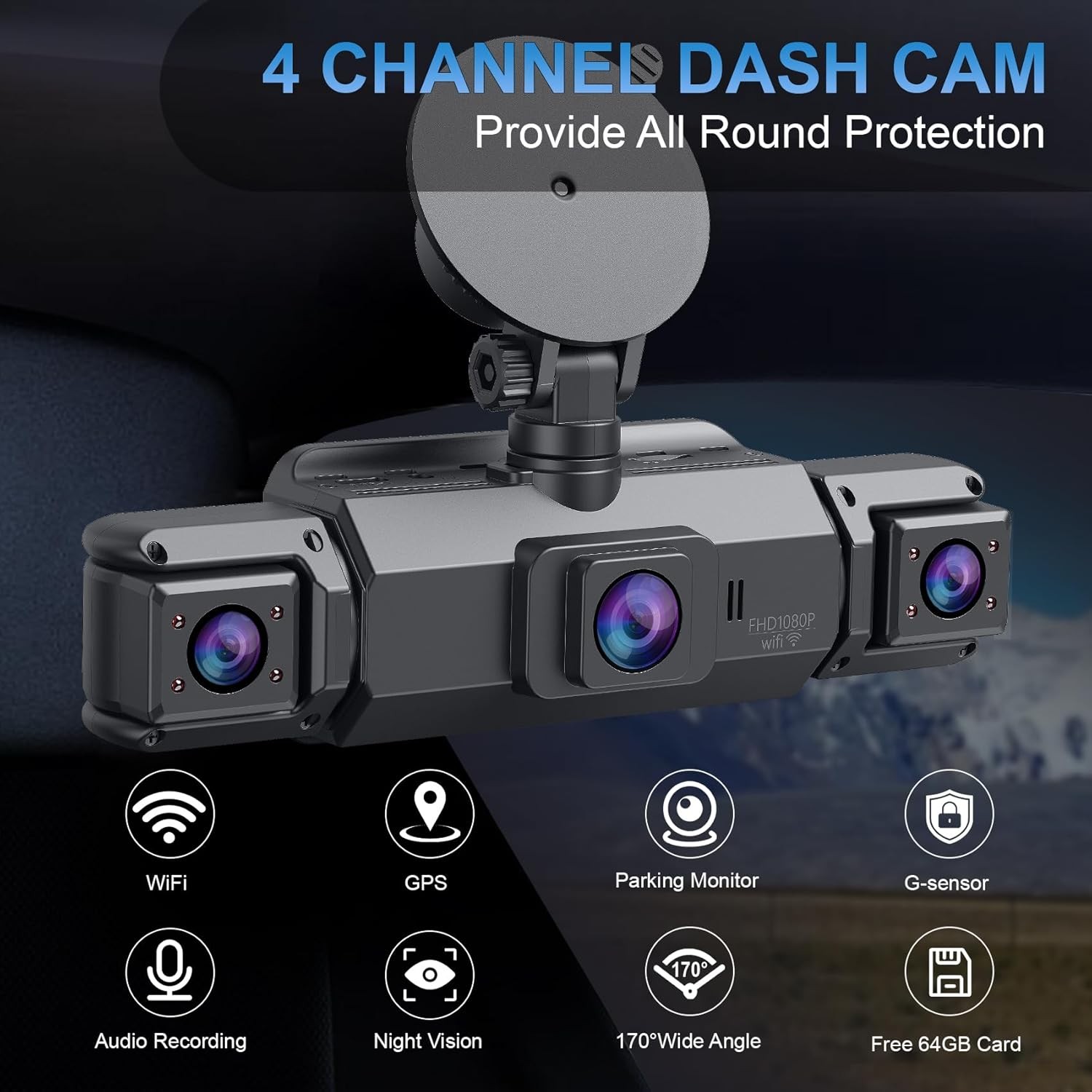 Dash Cam 4 Channel 360° Front Rear Inside DashCam, HD 1080P Car Camera 64GB