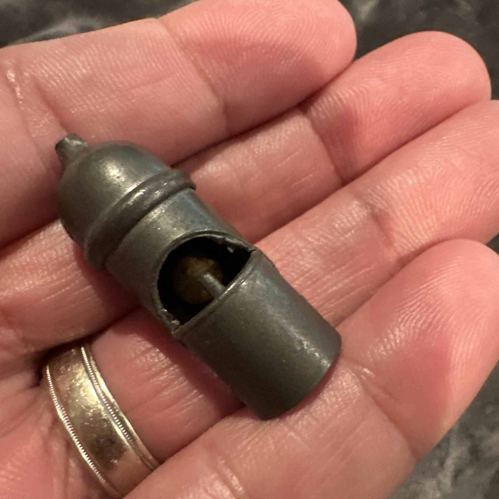 Revolutionary War 18 Century Rifleman’s Pewter Whistle With Wooden Pea Inside