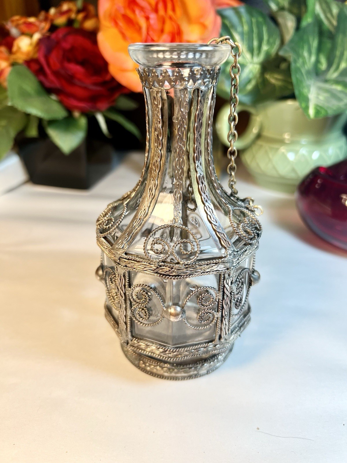 VTG GLASS BOTTLE SILVER PLATED, BRASS, COPPER OVERLAY BOTTLE 1900's UNIQUE