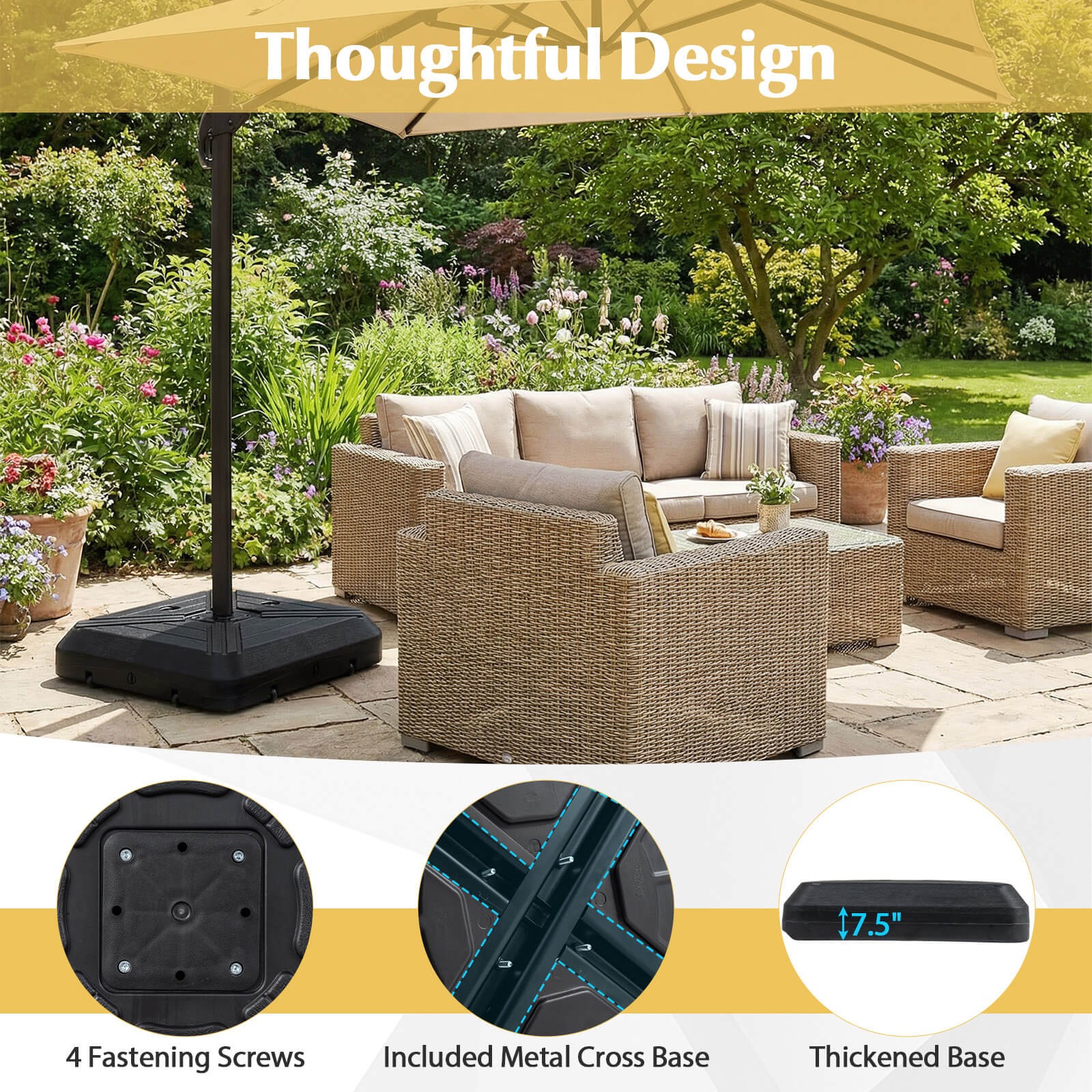 Cantilever Offset Umbrella Base w/Wheels, Metal Crossbar for Backyard & Poolside