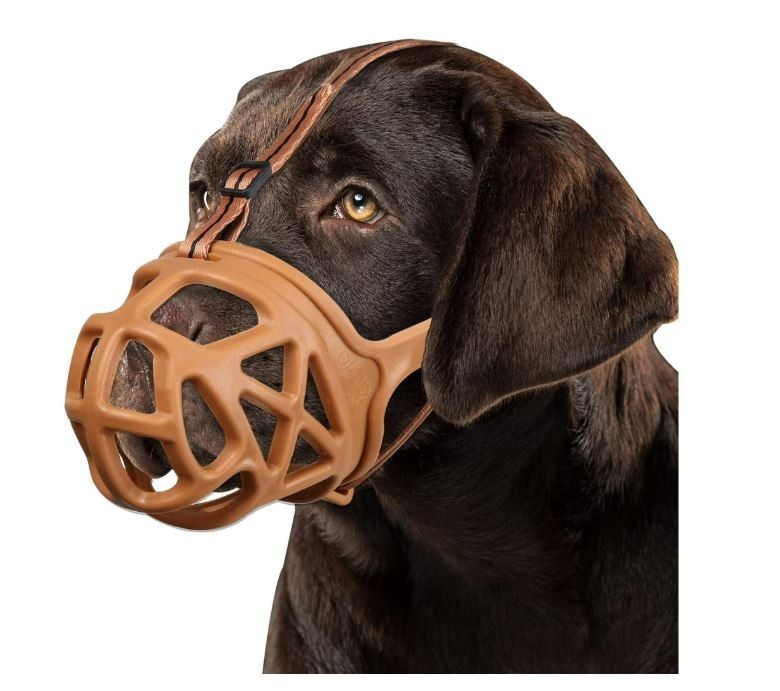 BARKLESS Dog Basket Muzzle for Biting, Humane Mouth Cover- Medium Brown