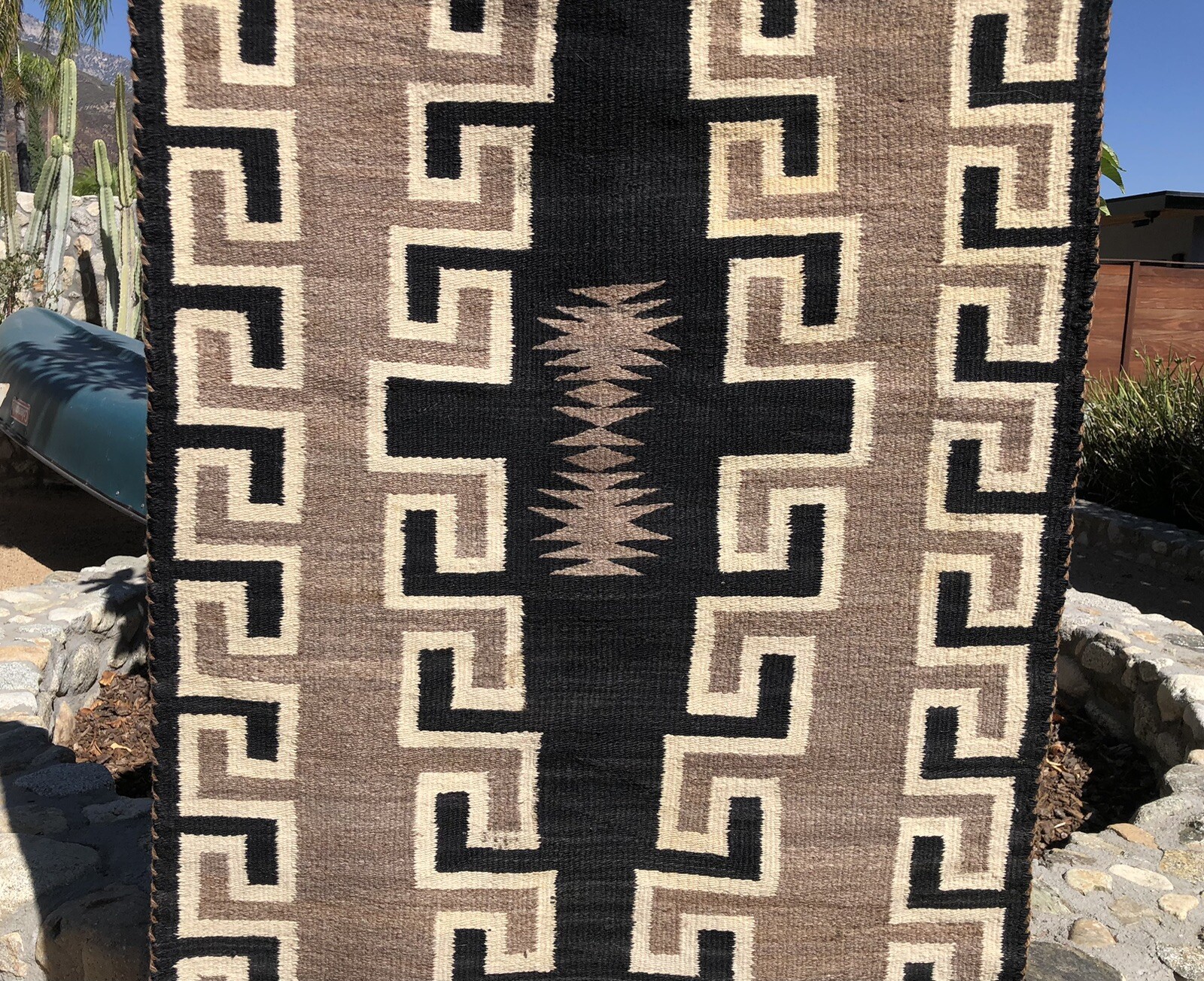 ANTIQUE NAVAJO WEAVING RUG NATURAL CHURRO WOOLS AUTHENTIC NATIVE c1930 62”x29”