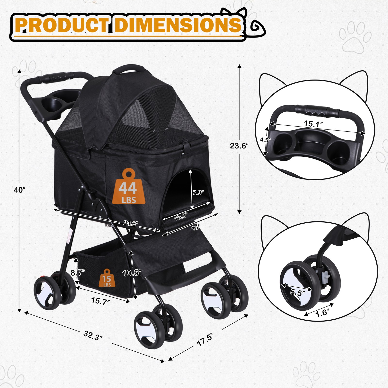 Pet Stroller Foldable Dog Cat Jogger Stroller w/4 Wheels Detachable Basket Black