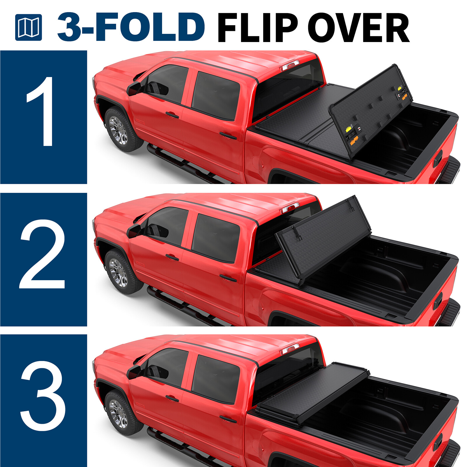 5FT Hard Fold 3-Fold Truck Bed Tonneau Cover For 2016-2024 Toyota Tacoma W/ Lamp