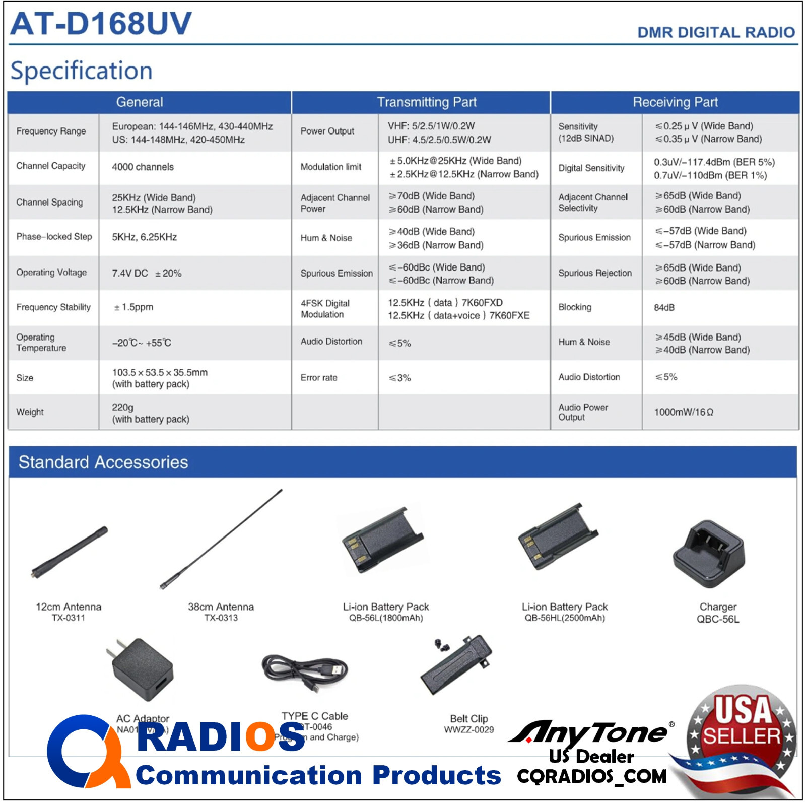 Anytone AT-D168UV Analog Digital DMR UHF VHF 2 way radio speaker mic extra batt