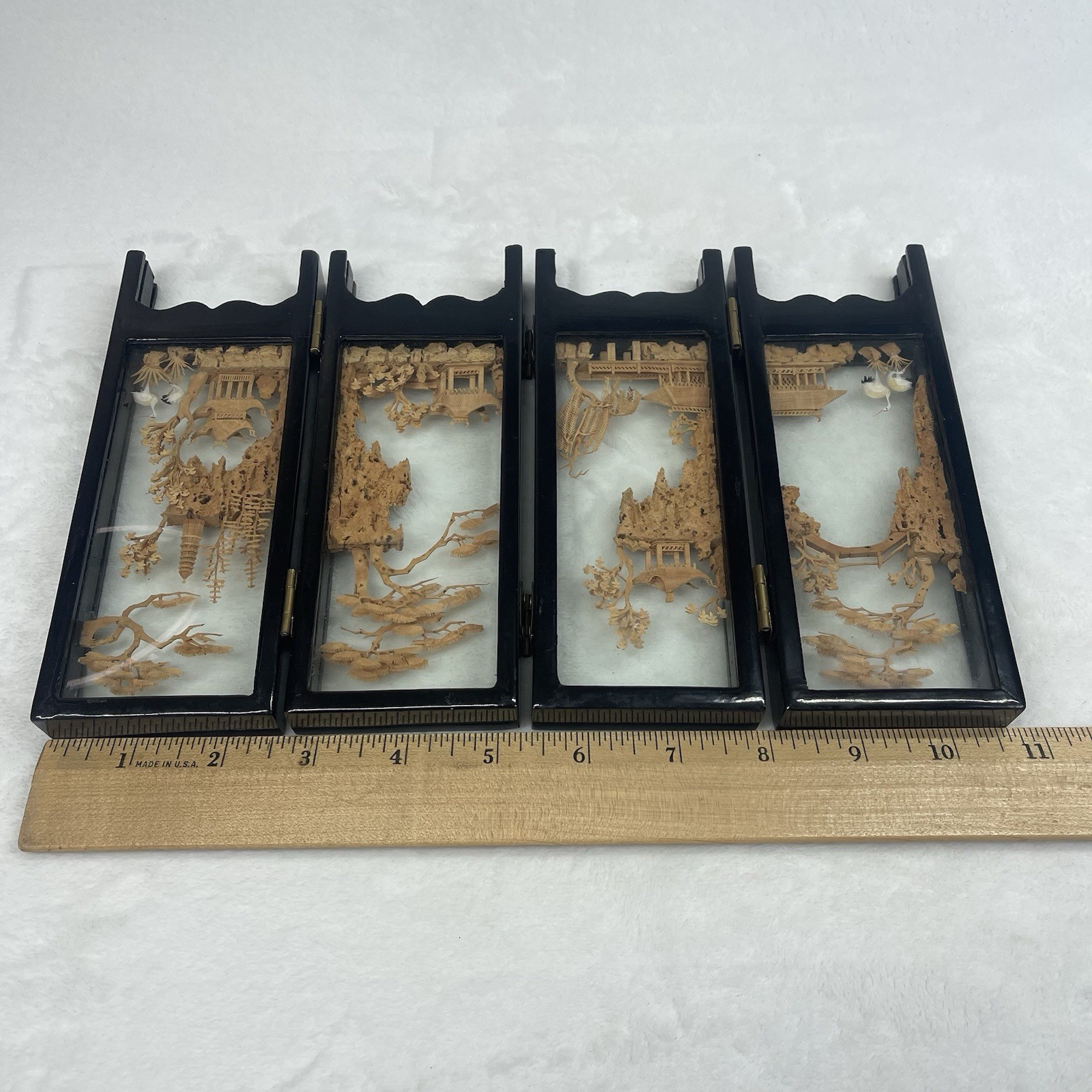 Vintage Chinese Cork Diorama Folding Screen Double Glass Lacquer Wood 4 Panel