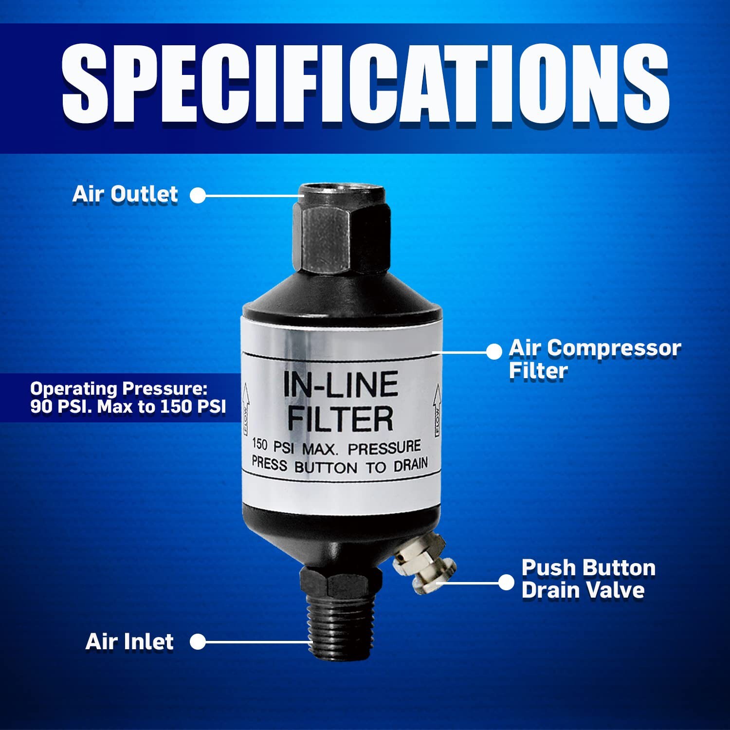 Air Compressor Water Separator, Produces Clean Dry Air, with Drain Valve. AI3...