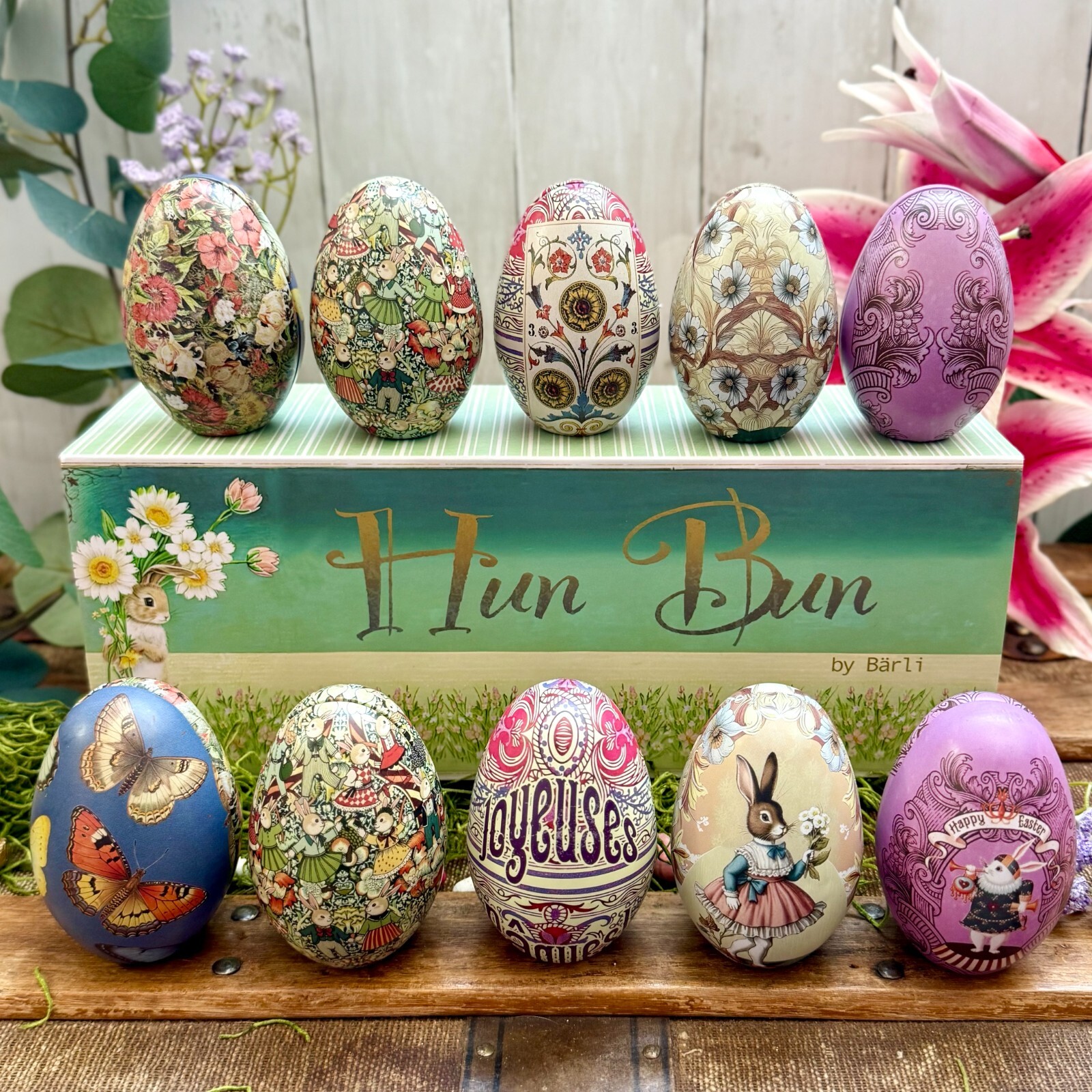 Set of Ten Fillable, Reusable Easter Egg Tins. Vintage Style Metal Easter Eggs