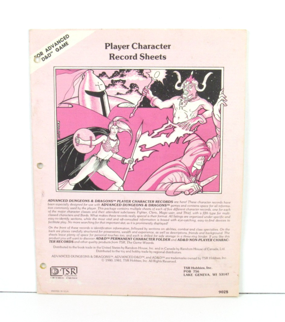 Dungeons Dragons TSR9028 Player Character Record Sheets 2nd Print 1981 Original