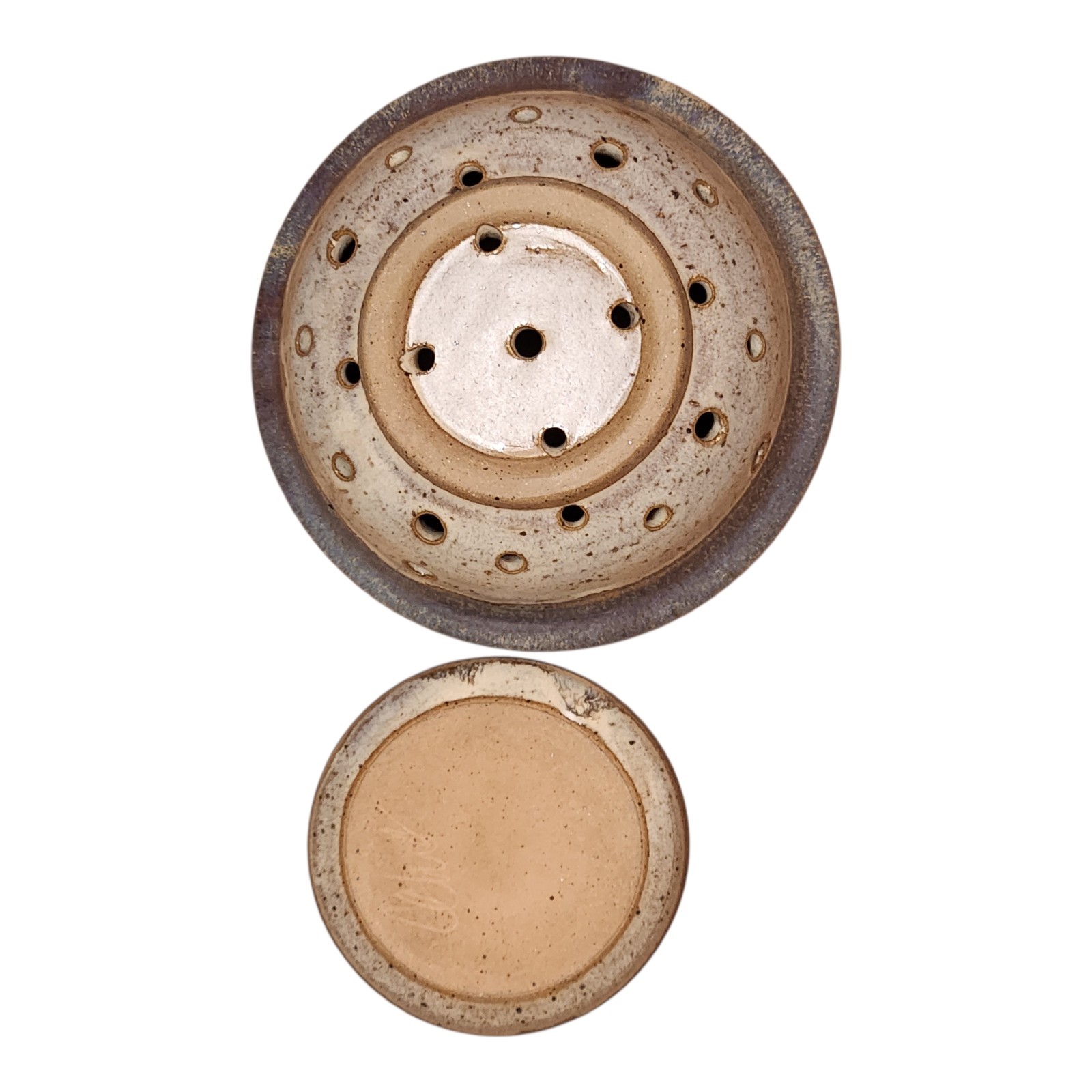 Studio Art Pottery Stoneware Berry Colander Strainer Bowl Underplate Signed