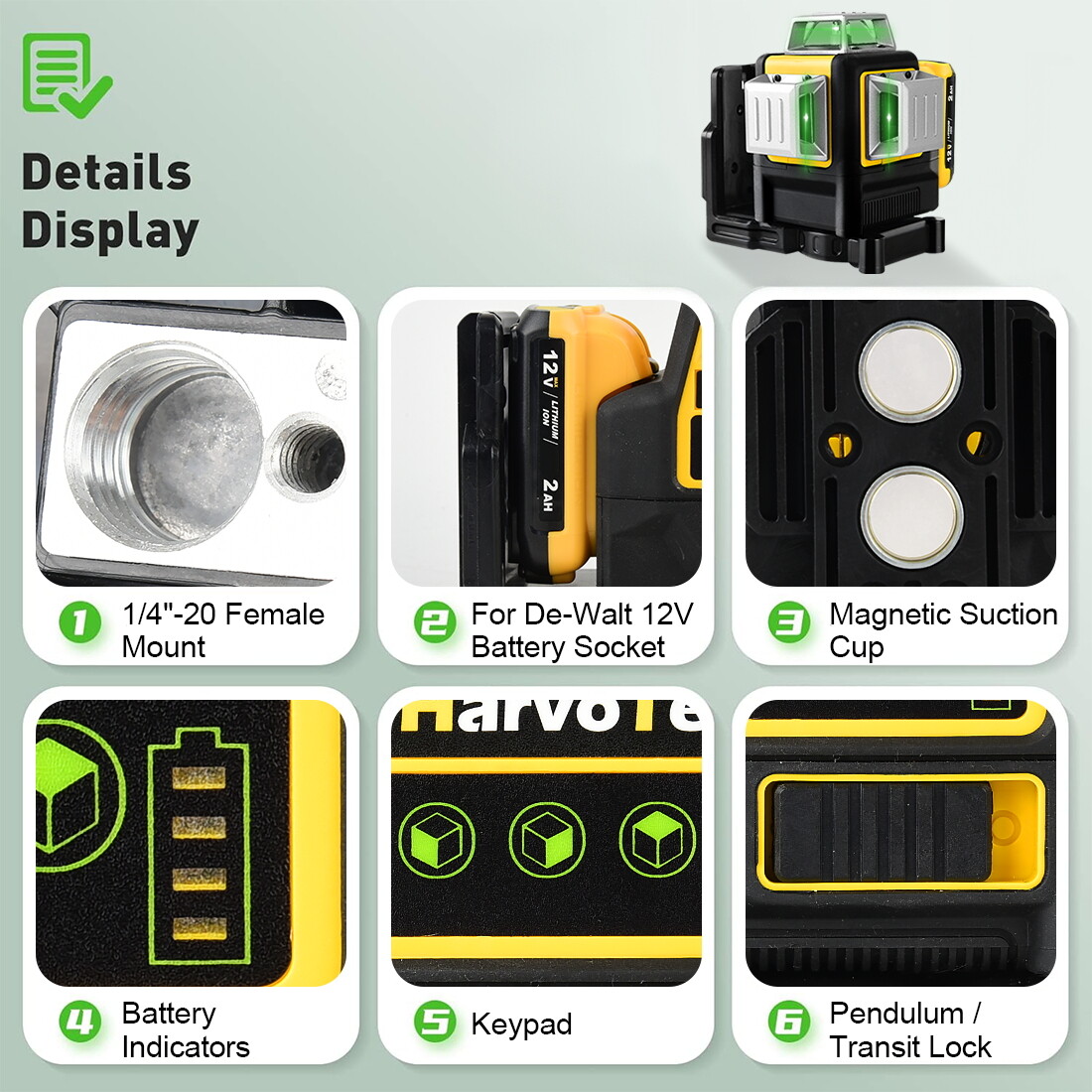 12V 360° Green Laser Level 12Line Vertical/Horizontal Outdoor for Dewalt Battery
