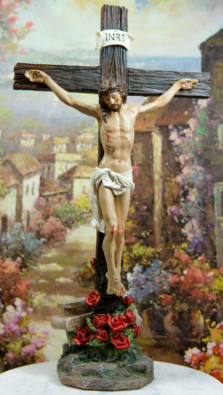 Ebros Jesus Christ On Cross W/ Rose of Sharon Base Decorative Crucifix Statue