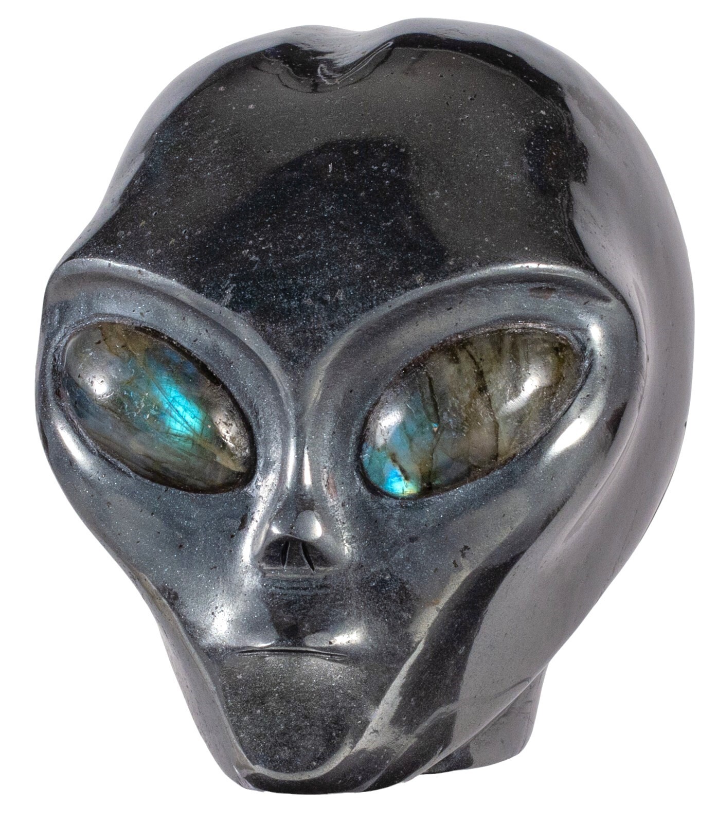 4" HEMATITE Star Being Female Alien Head Crystal Skull Labradorite Eyes Large