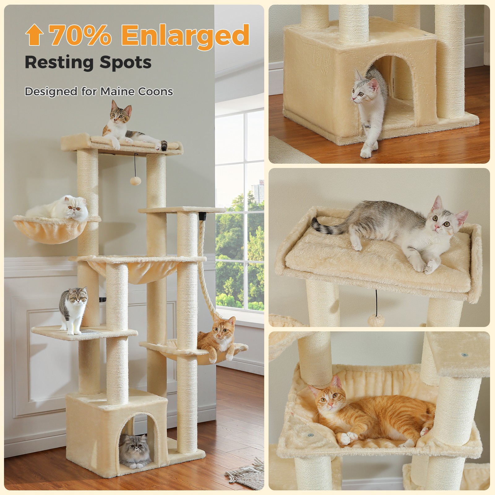 PAWZ Road Maine Coon Cat Tree 67-Inch Heavy Duty Cat Tower for Indoor Large Cats