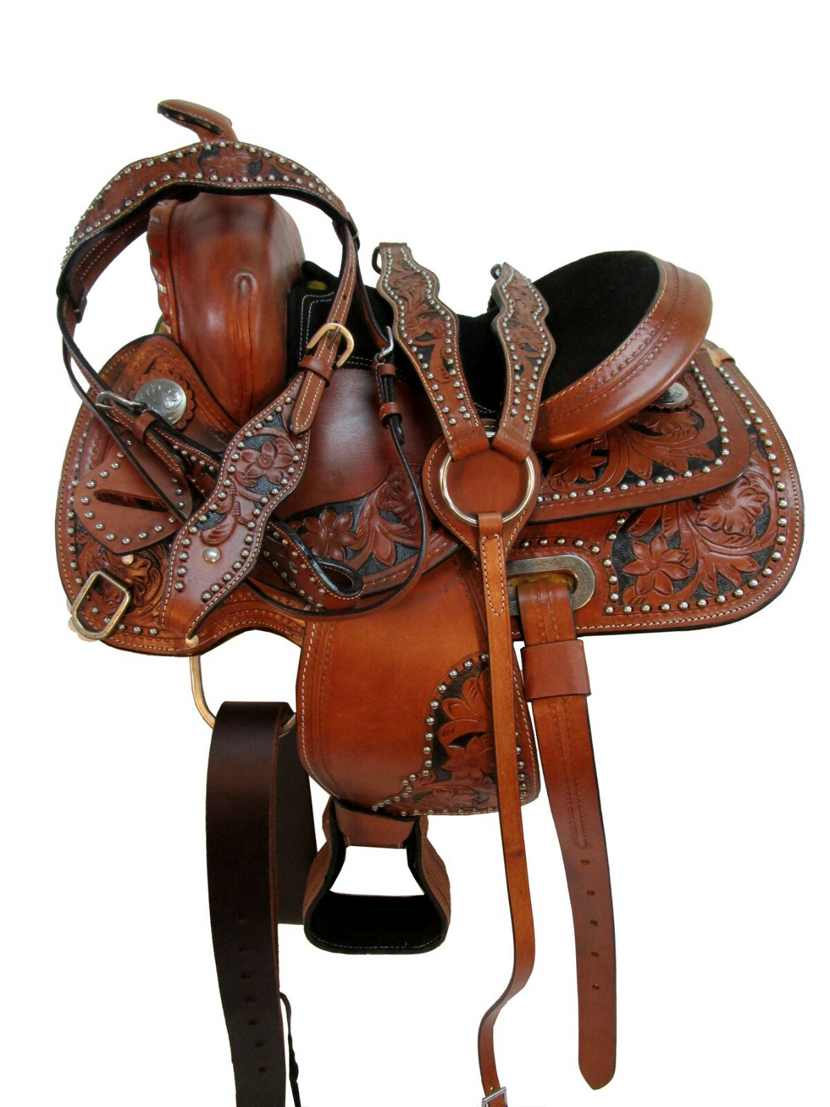 WESTERN BARREL SADDLE YOUTH KIDS PLEASURE TOOLED LEATHER HORSE TACK SET 12 13