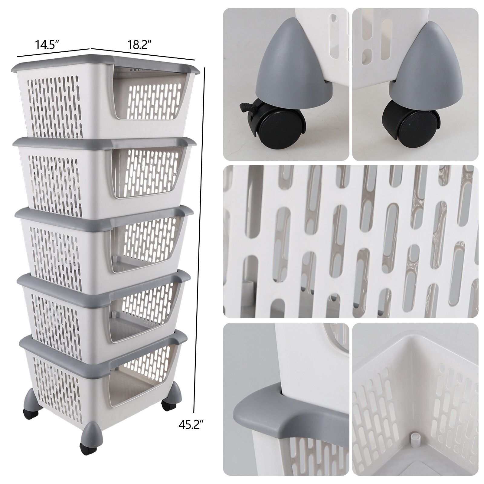 Idotry 5pcs Plastic Stackable Storage Bins - Gray Large Storage Basket w/ Wheels