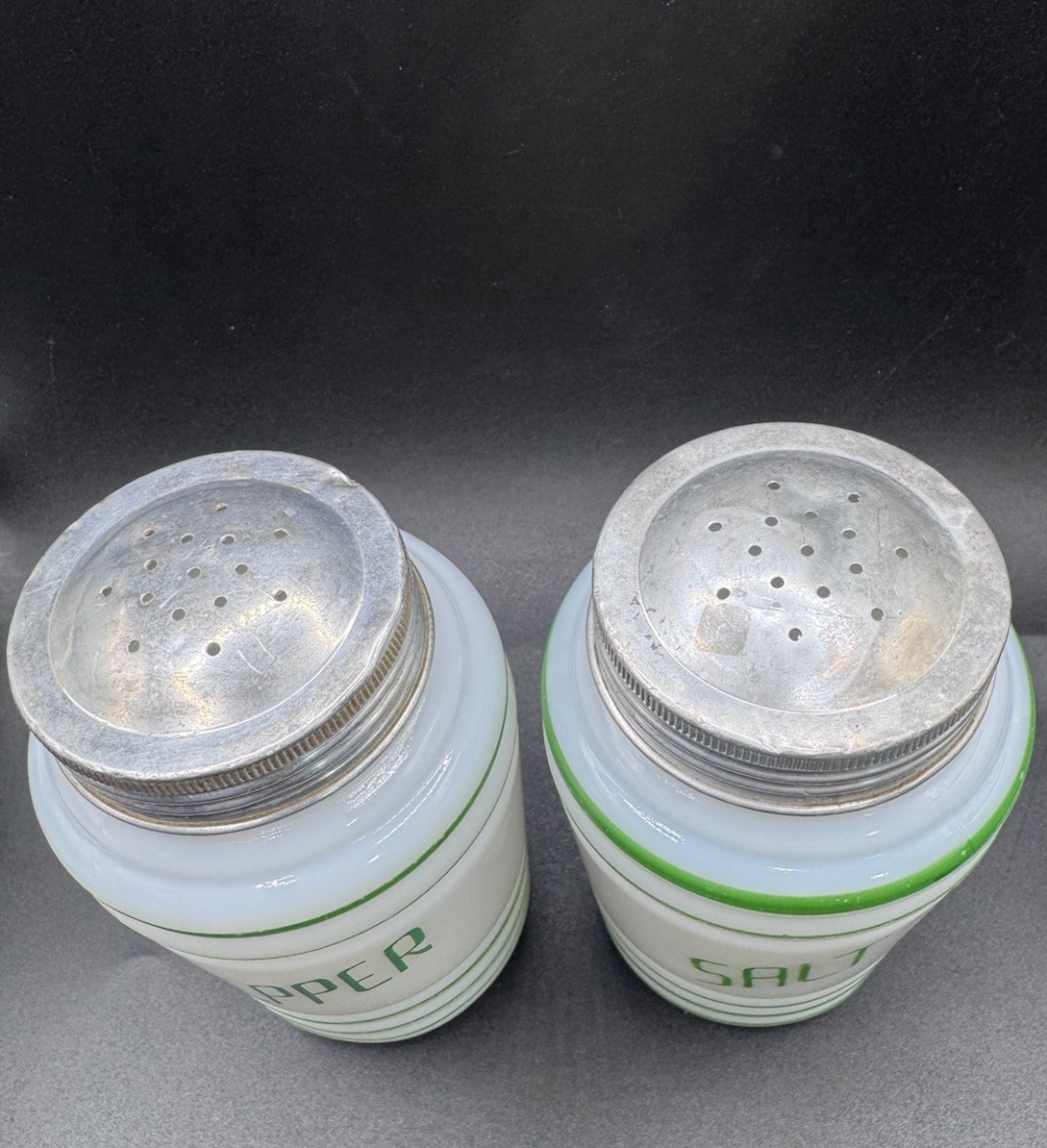 HAZEL ATLAS White Milk Glass Green Letters 1940s Ribbed Salt Pepper Shakers Set