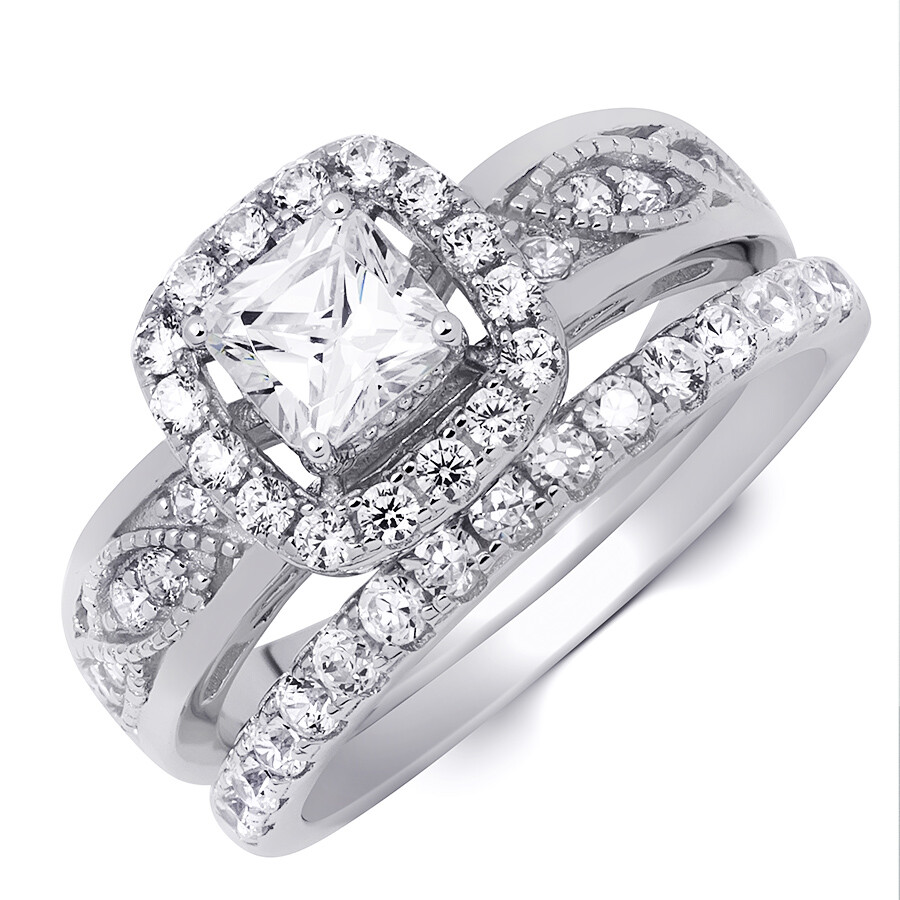 Womens 1.50 Carat CT Round Cut Wedding Band Engagement Ring Set Silver Size 5-9