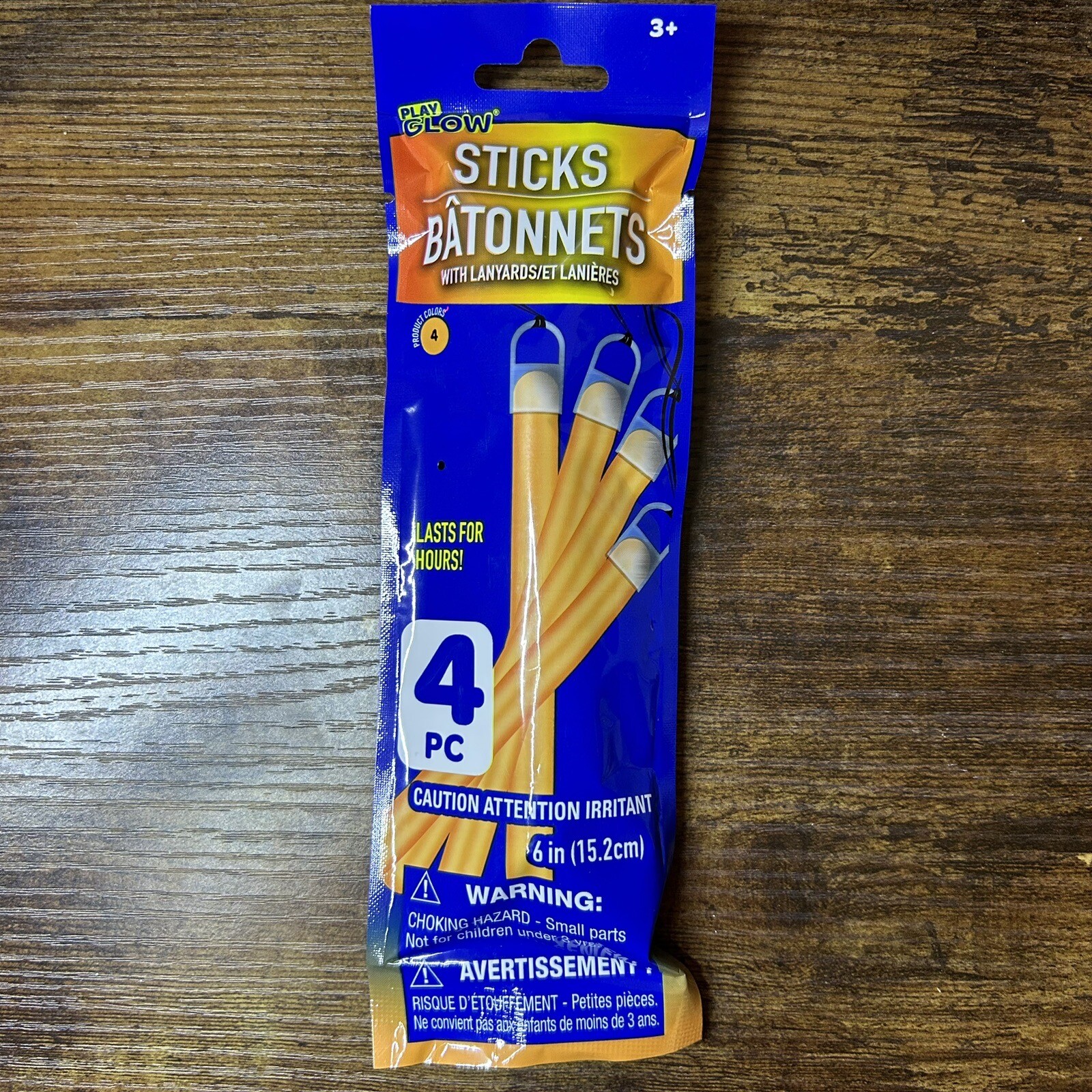 Play Glow Sticks Batonnets With Lanyards Orange 4 Pack 6 inches 4 Hours New