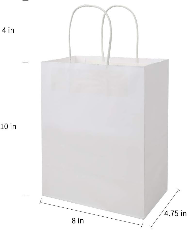 Paper Shopping Bags 500 White Kraft 8"x4.75x10.5" Retail Merchandise Handles